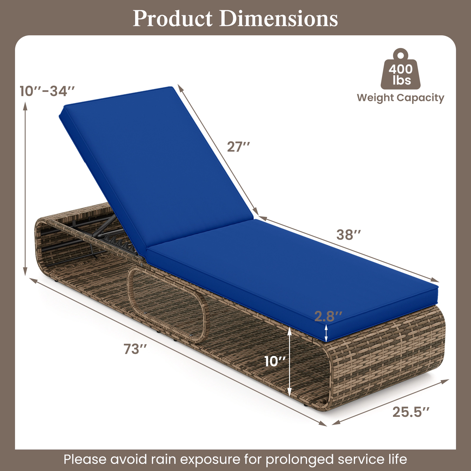 SUGIFT 7-Position Adjustable Outdoor PE Rattan Chaise Lounge Chair 400-lb Capacity Mix Brown with Off White/Navy Cushion