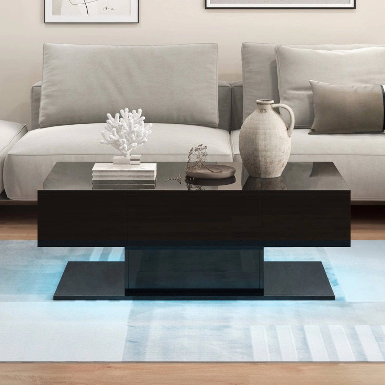 SUGIFT 43.5-in 110-lb Capacity 20-Color LED High-Gloss Coffee Table with 2 Push-to-Open Drawers
