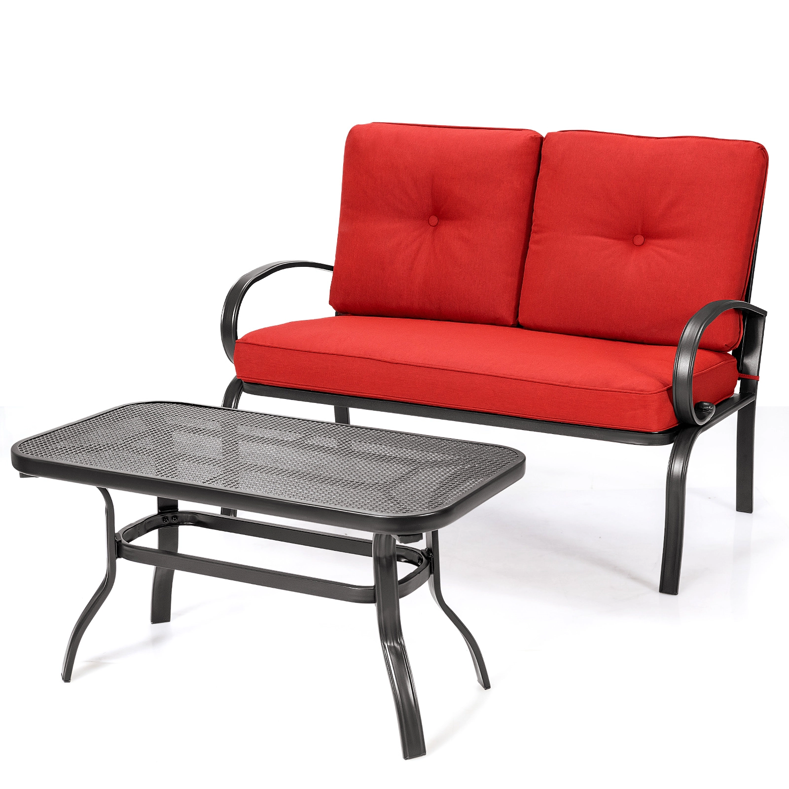 SUGIFT 2 Piece Patio Cushioned Loveseat and Coffee Table Set Red with Steel Frame