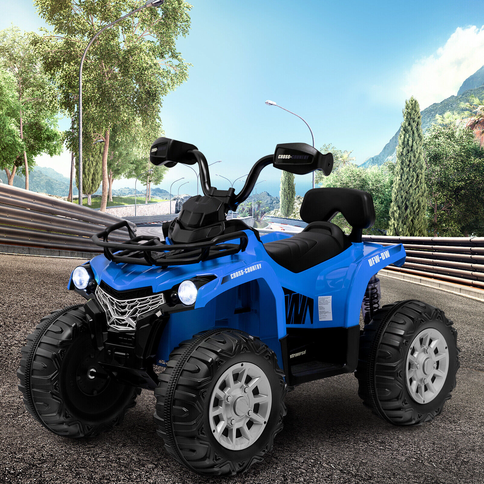 12V Kids Electric Four Wheeler ATV Pedal Acceleration Forward/Reverse Oversized Wheels Headlights MP3 Ages 3-8 Blue