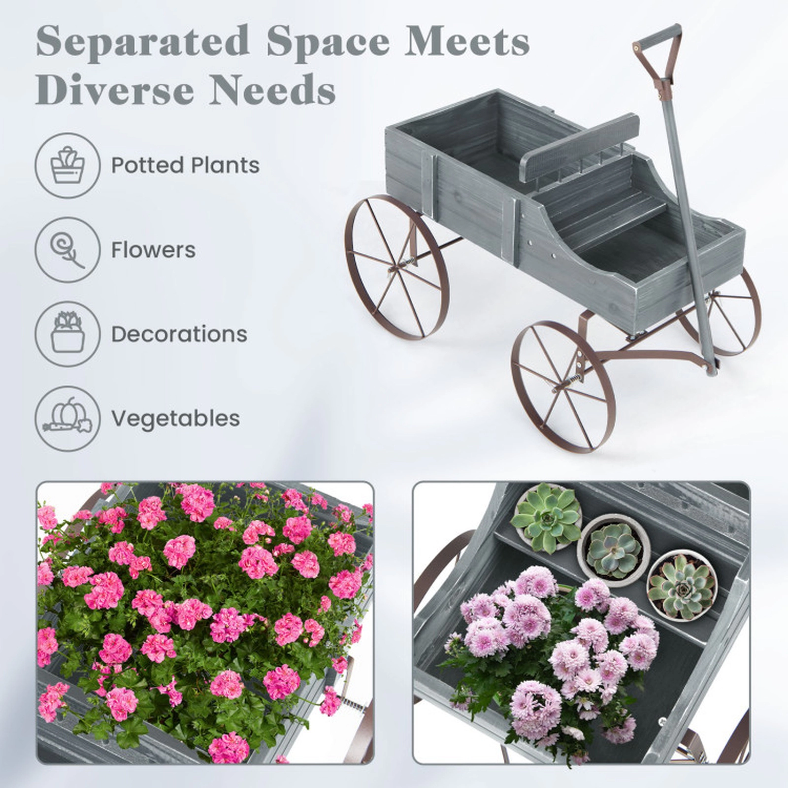 SUGIFT 33-lb Capacity 2-Section Fir Wood Rolling Garden Planter Wagon with Metal Wheels and Handle