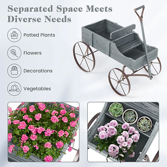 SUGIFT 33-lb Capacity 2-Section Fir Wood Rolling Garden Planter Wagon with Metal Wheels and Handle