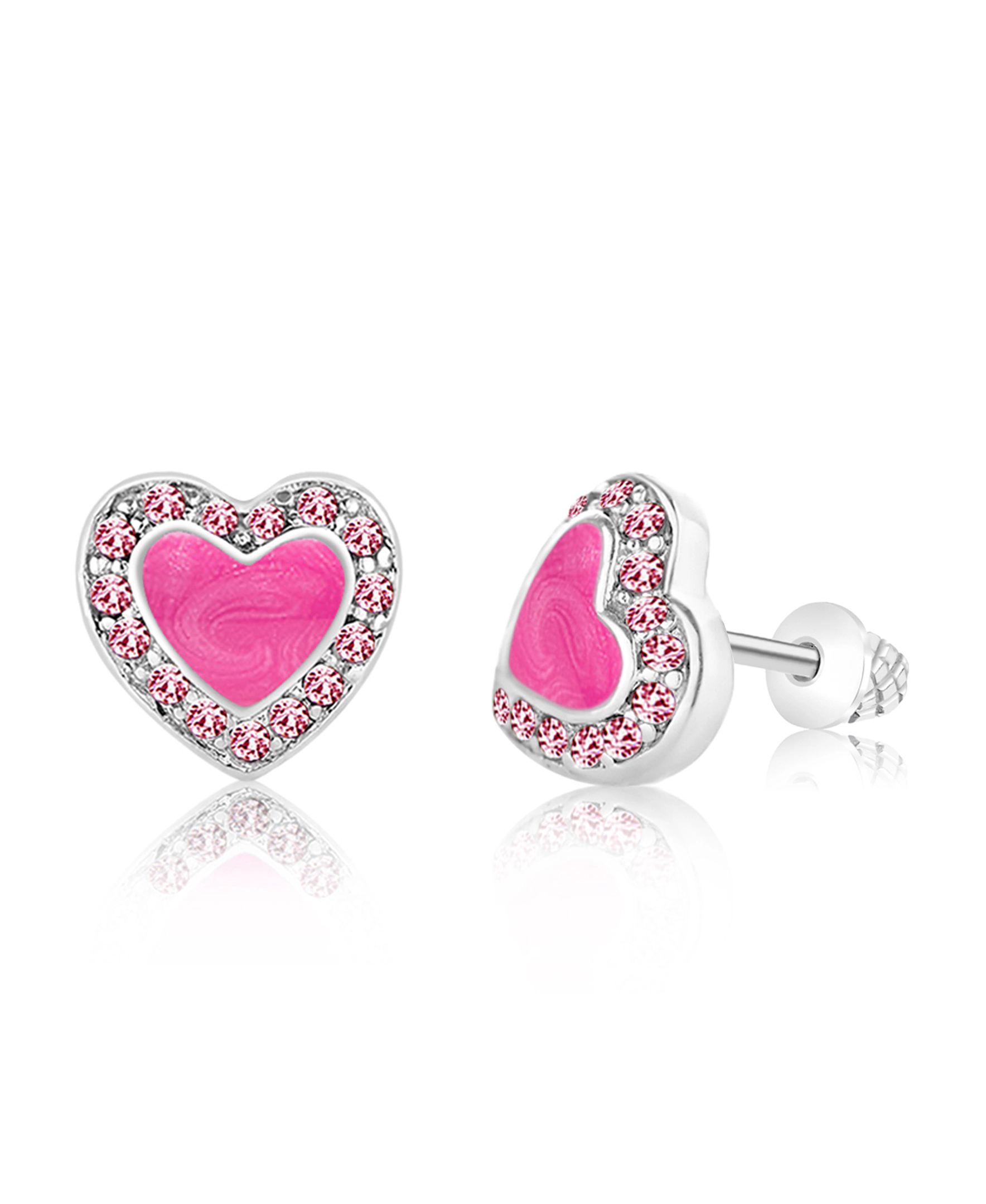 CHANTEUR Kids Heart Crystal Stud Earrings - White Gold Palladium Plating, Screw Back
