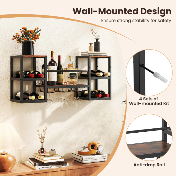 Hivvago Heavy-Duty Wall Mounted Wine Rack With Glass Holder Metal Frame 8-Bottle Holder