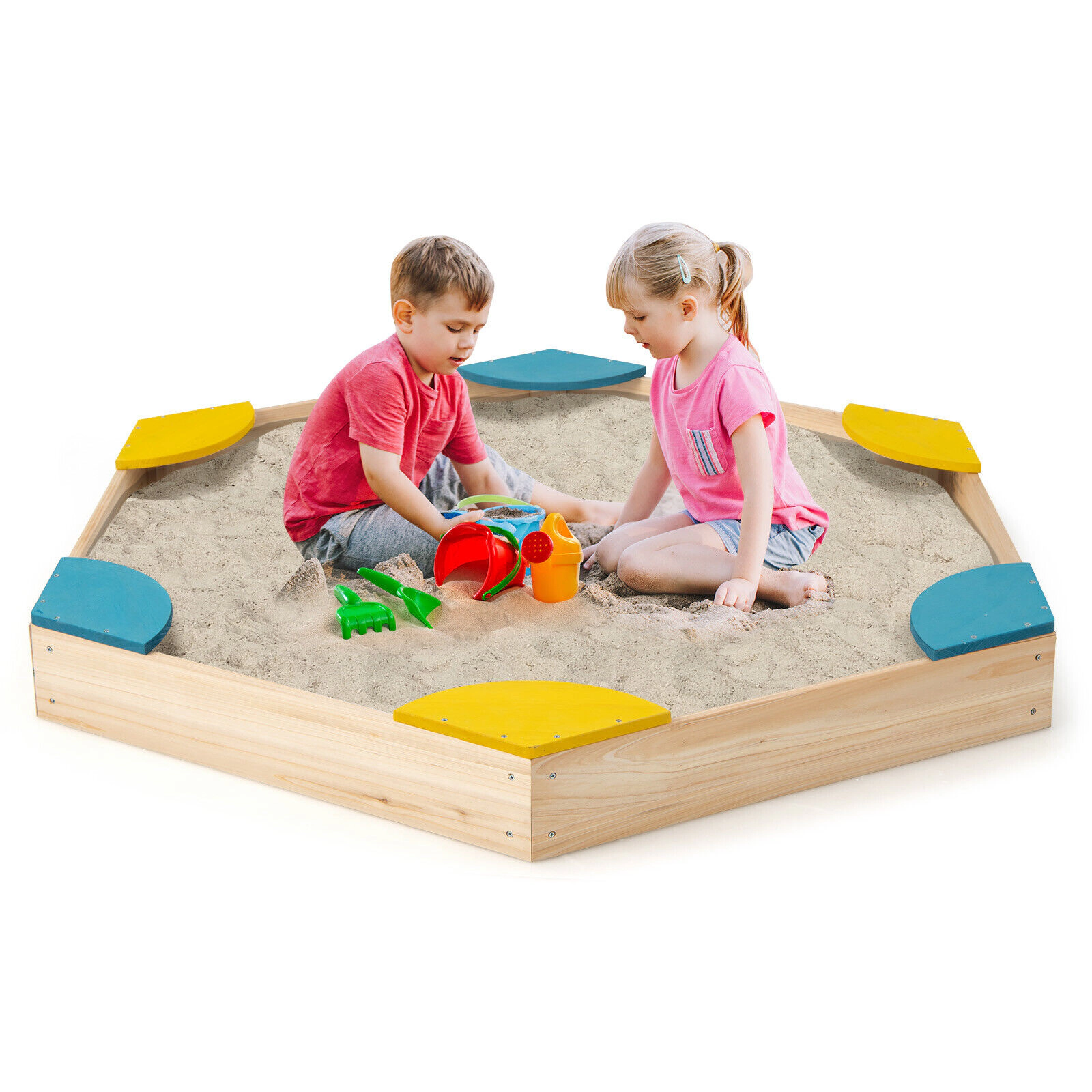 LJG Kids Outdoor Solid Wood Sandbox with 6 Built-in Fan-Shaped