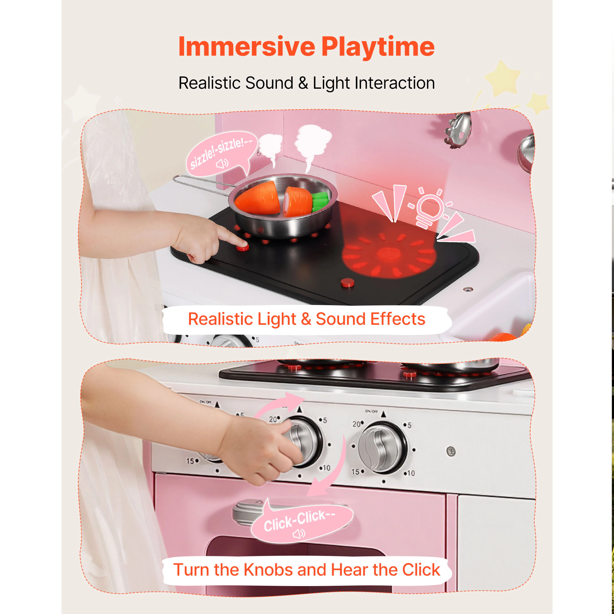 HONGGE Play Kitchen for Kids, Wooden, Kids Playset with Real Lights & Sounds, Food Cookware