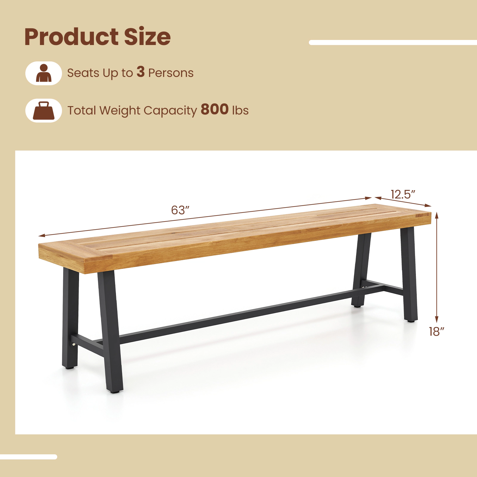 LJG 63 Inch 3-Person Acacia Patio Wood Outdoor Backless Bench-Set of 1