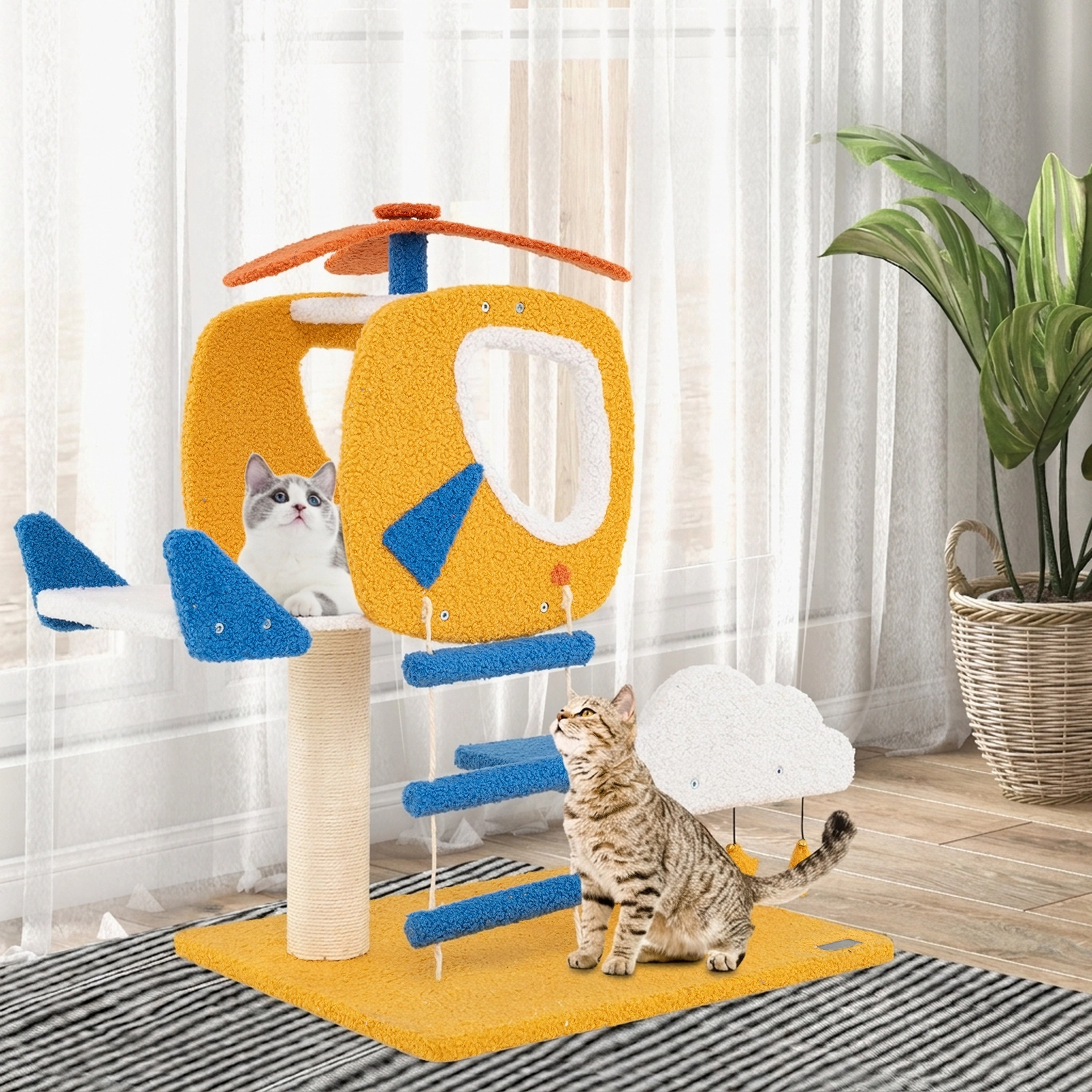 SUGIFT 30 in Cat Tower Yellow Aviation Theme with Helicopter Top Perch and Cloud Panel