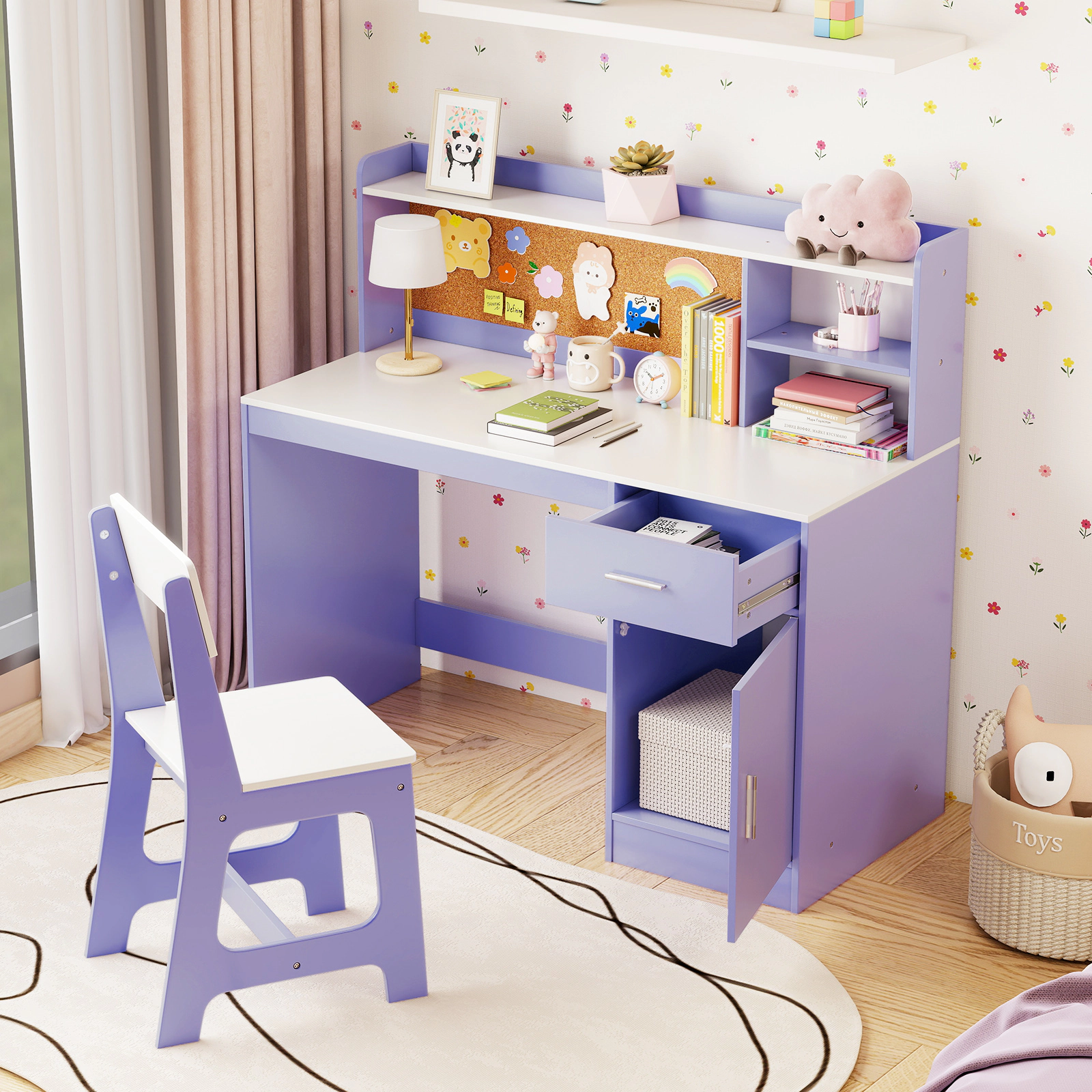 SUGIFT Kids Student Desk and Chair Set, 43-in Table with Cork Board, Drawer and Storage Cabinet, Purple