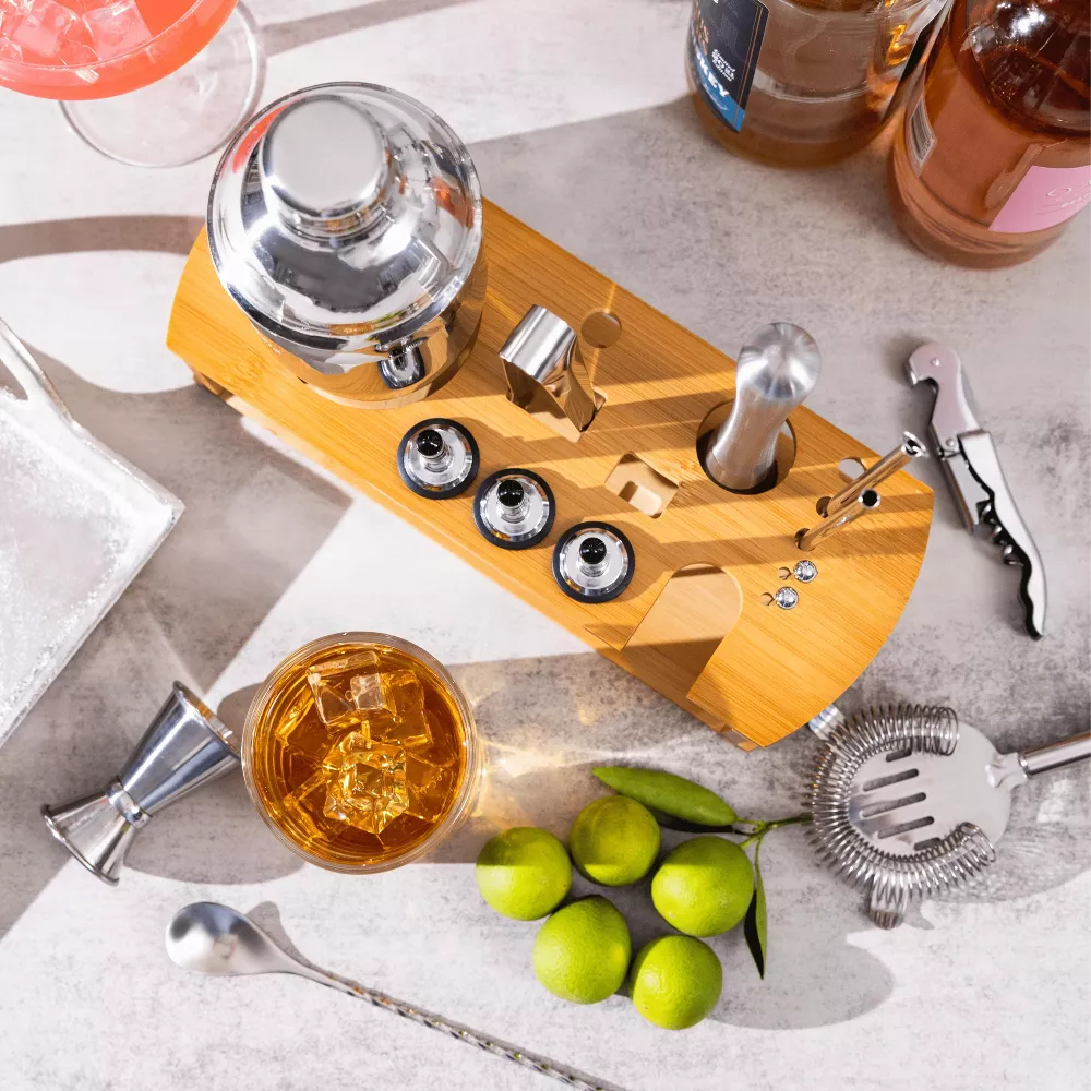 Luminuxe Cocktail Shaker Set Bartender Kit w Stylish Bamboo Stand 16 Piece Barware Mixing Tools, Bartending Kit Gift Set