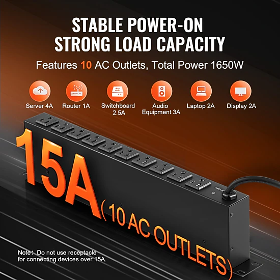 HONGGE 1U PDU, Rack Mount Power Strip Fits Standard 19 Server Racks, with Switch Surge Protection & Overload Protection