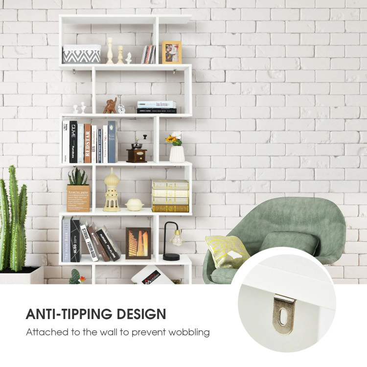 Hivvago Modern S-Shape Bookcase with 6 Spacious Display Shelves