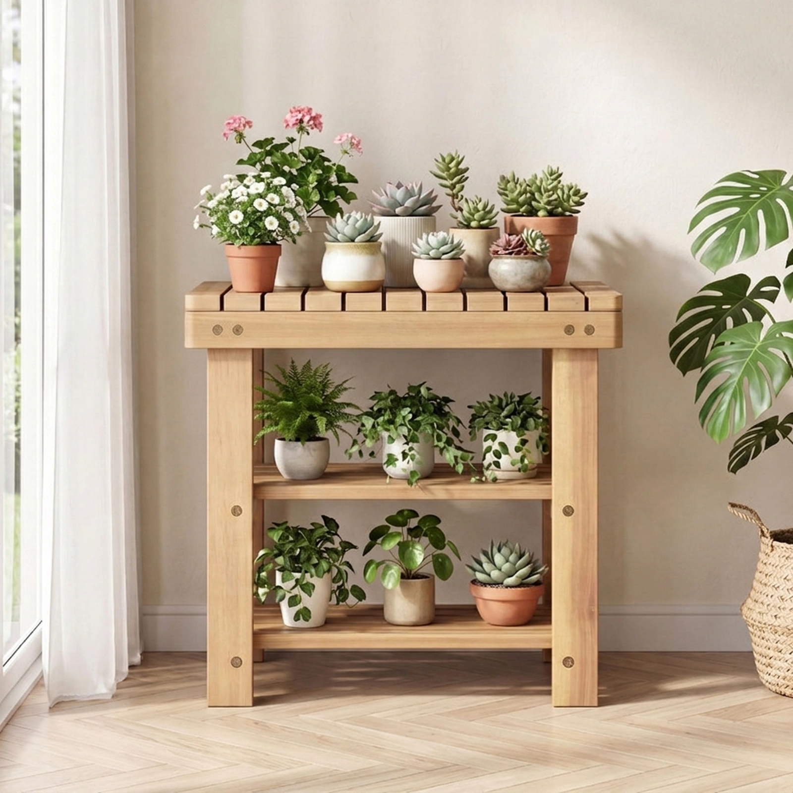 SUGIFT 3-Tier Natural 19-in Teak Wood Shoe Rack Bench with Slatted Seat and Open Shoe Storage Shelves