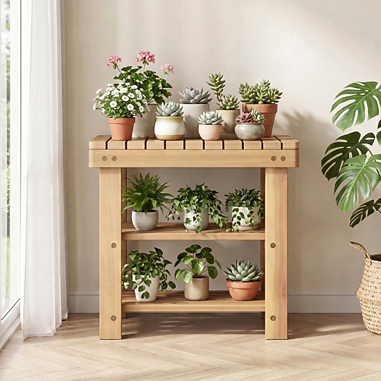 SUGIFT 3-Tier Natural 19-in Teak Wood Shoe Rack Bench with Slatted Seat and Open Shoe Storage Shelves