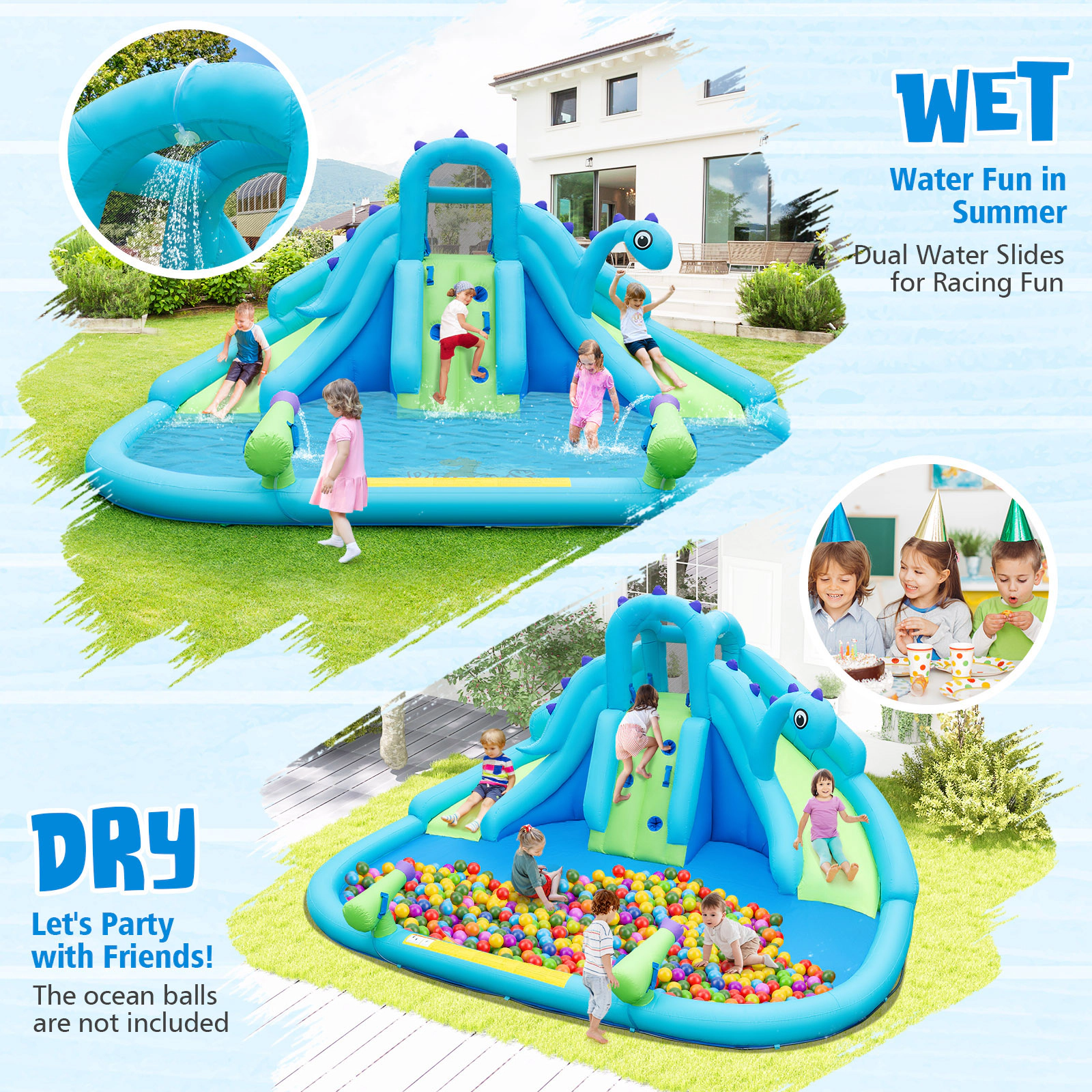 SUGIFT Dual Slides Splash Pool Carry Bag and 584W Blower Kids Inflatable Water Slide