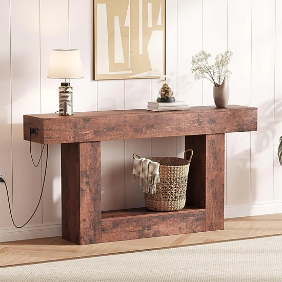 BebreezChic 63" Entryway Table, 2-Tier Narrow Console w/ Storage & Charging