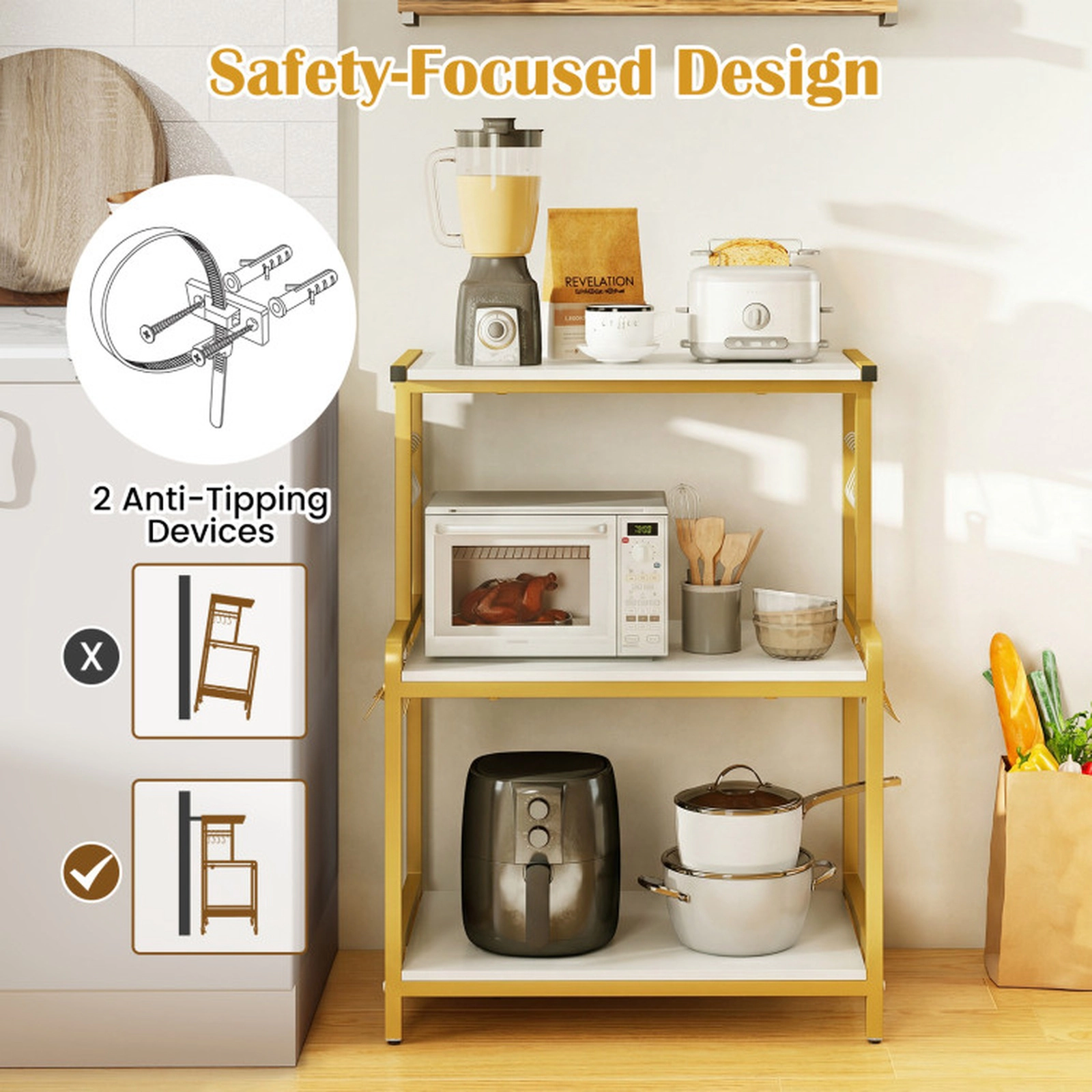 SUGIFT 3-Tier Rolling Microwave Cart with Power Outlet Lockable Wheels and 10 Hooks 286-lb Capacity White & Gold