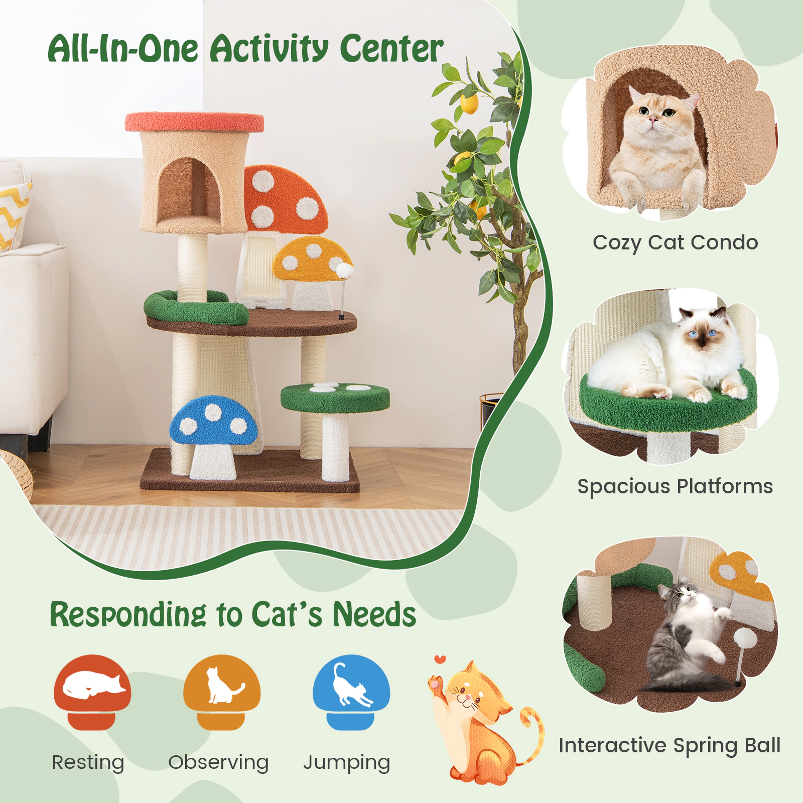 SUGIFT 4-in-1 Mushroom Cat Tree with Condo, Spring Ball and Sisal Posts 40.5-in Tall 22-lb Capacity Multicolor