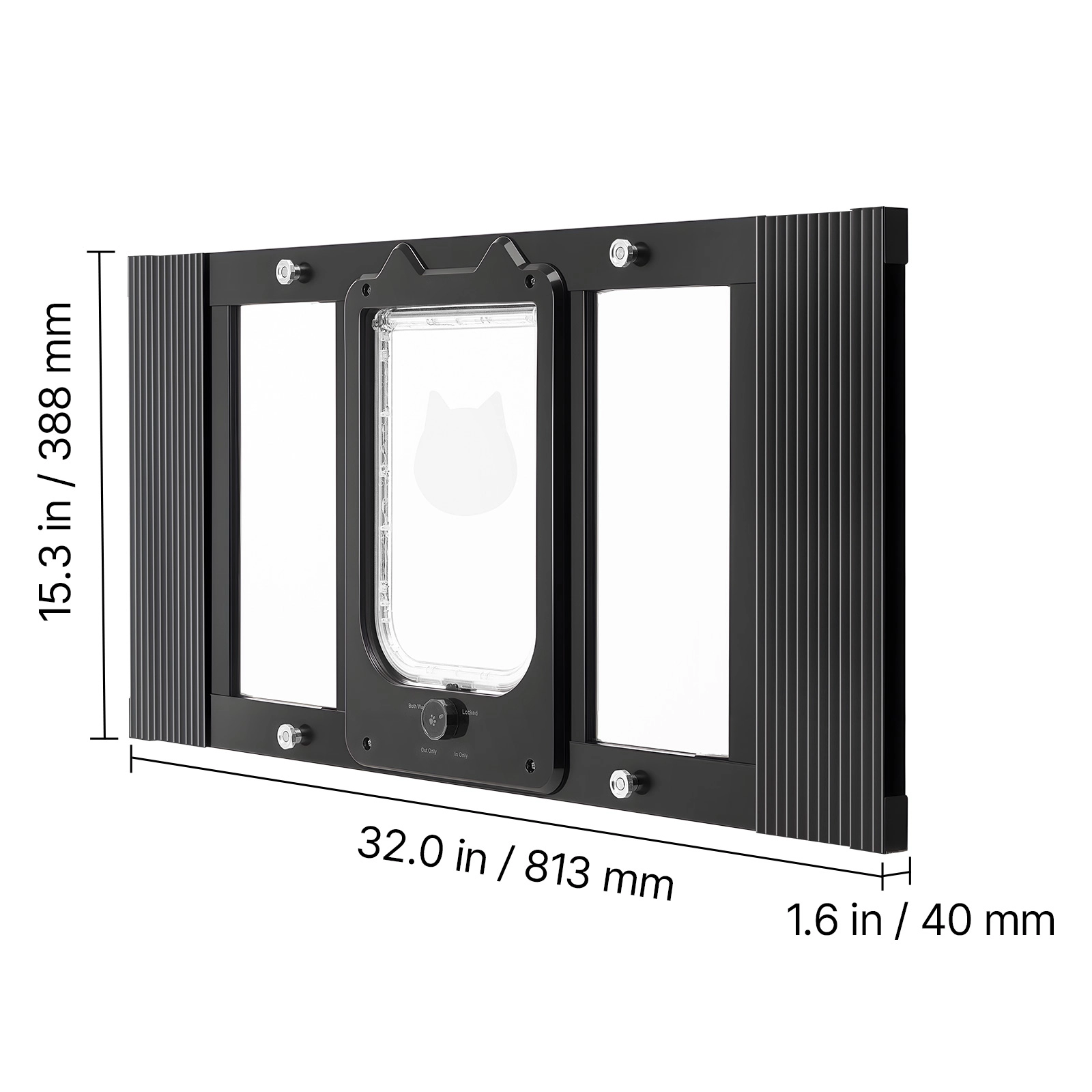 HONGGE Cat Door for Window, Adjustable 27 to 32 Inch Width, 4-Way Lock, Aluminum Frame with Magnetic Closure, Black