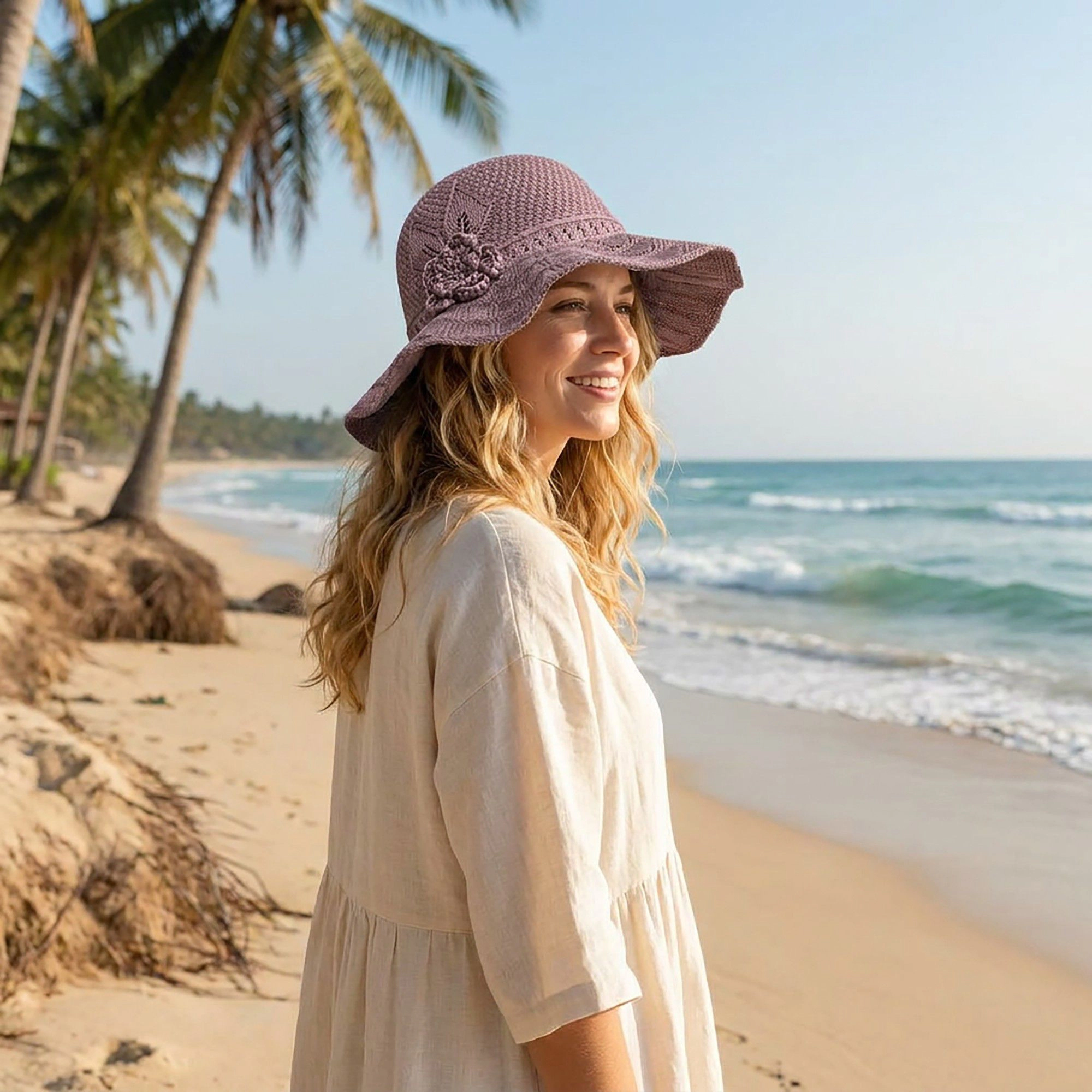 Anna-Kaci Women's Crochet Wide Brim Sun Hat with Floral Accent Scalloped Edge and Chin Strap - MauvePink