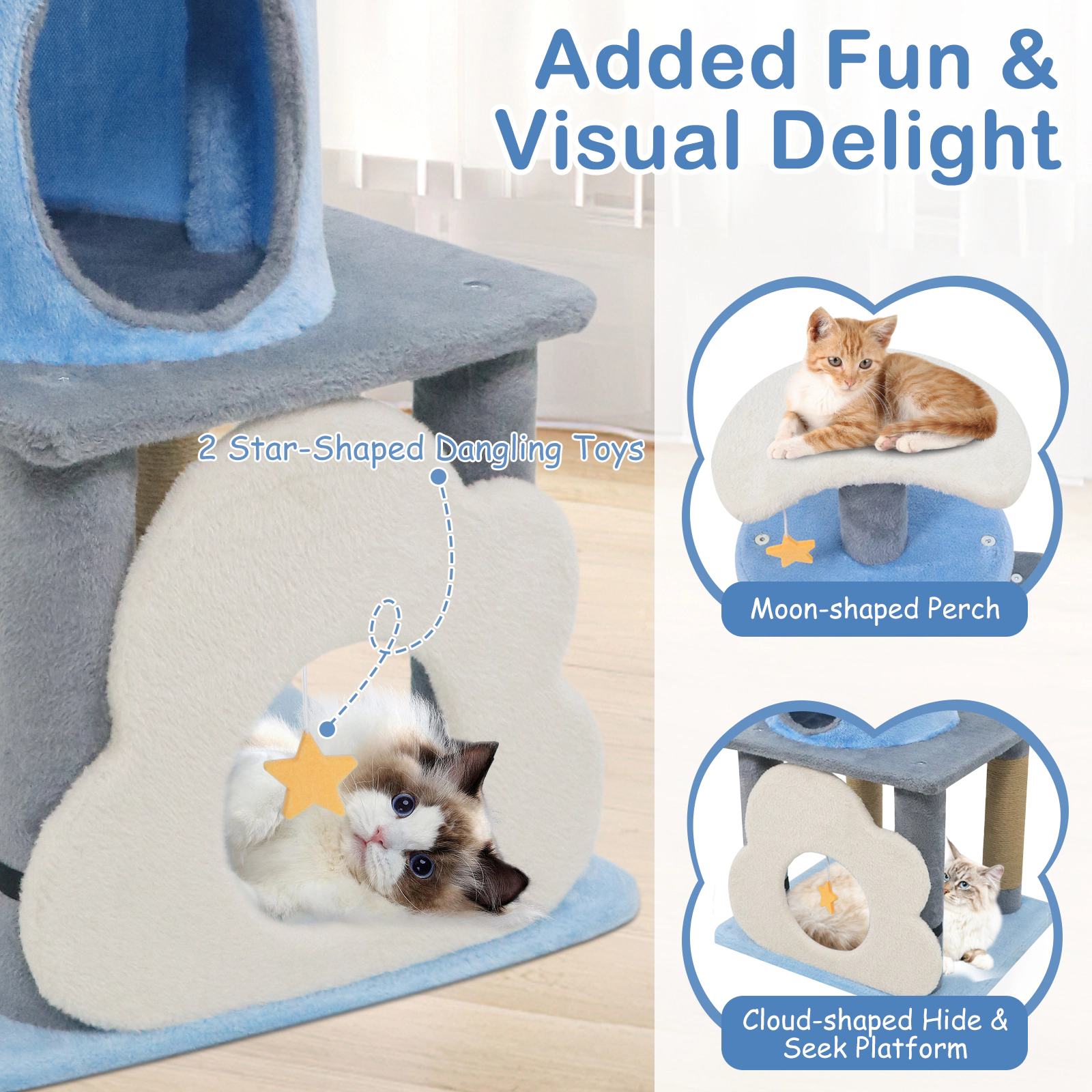 SUGIFT 31.5-in Blue Multi-Level Kitten Cat Tree Tower with Cloud Cave Moon Top Perch and 33-lb Condo