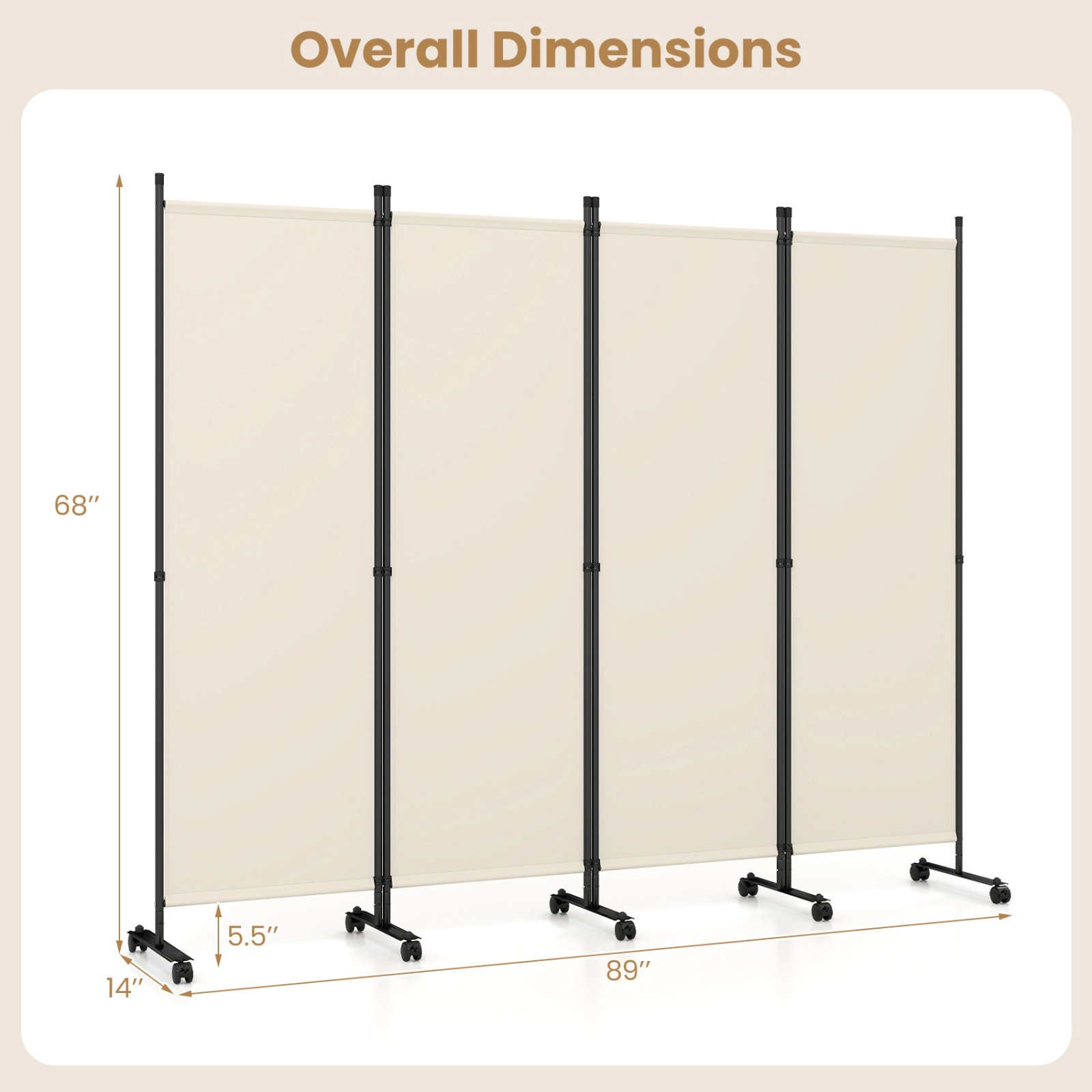 SUGIFT 4-Panel 10 Lockable Wheels Folding Room Divider 87-in x 14-in x 68-in 20.5-in Folded 17.5-lb Beige
