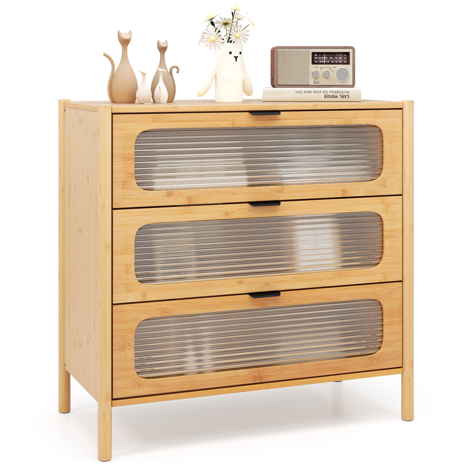 SUGIFT 3 Drawer Mid Century Chest of Drawers Natural with Reeded Tempered Glass Front