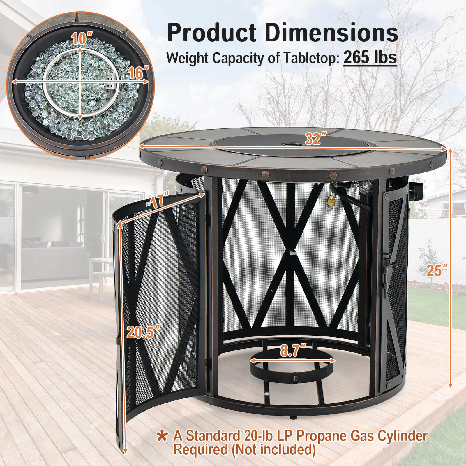 SUGIFT 32-Inch Propane Fire Pit Table, 30,000 BTU, Ceramic Tile Top, Fire Glass and PVC Cover