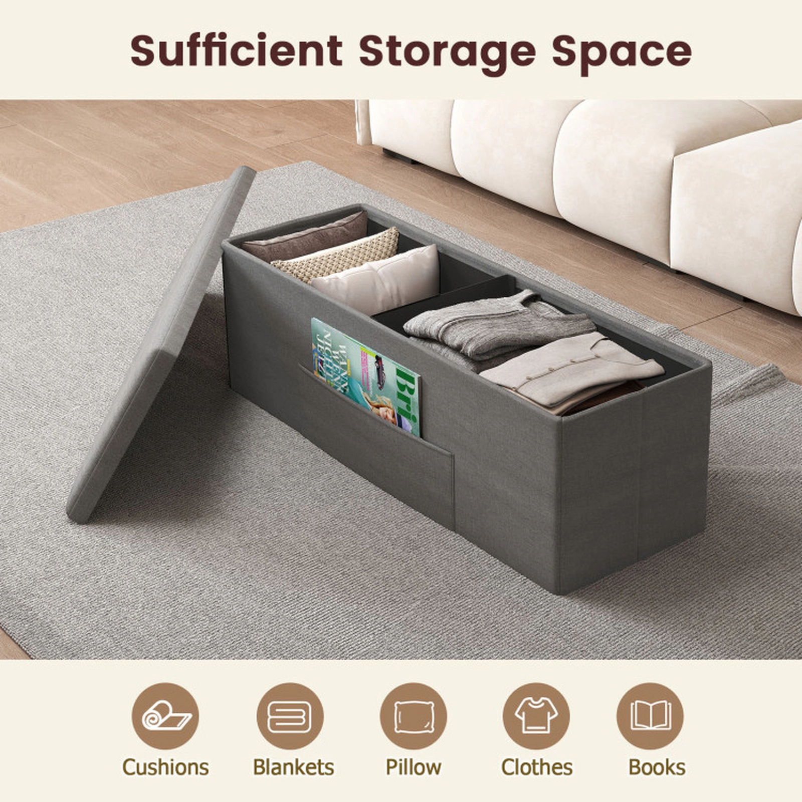 SUGIFT Folding Storage Ottoman Bench Padded Seat 660-lb Capacity End of Bed Bench with Storage Compartments Dark Gray