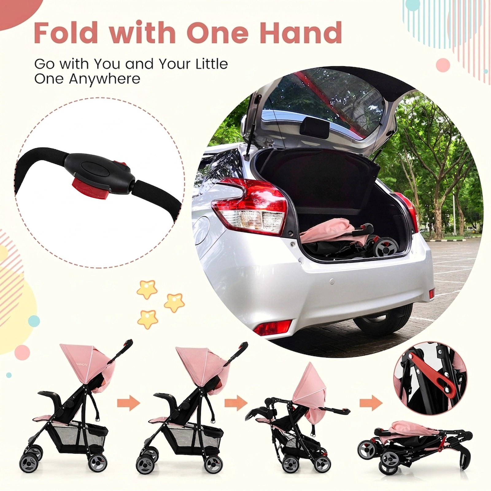 SUGIFT Pink 33-lb Capacity Steel Frame Toddler Travel Stroller with Multi-Position Recline and 5.5-in Wheels