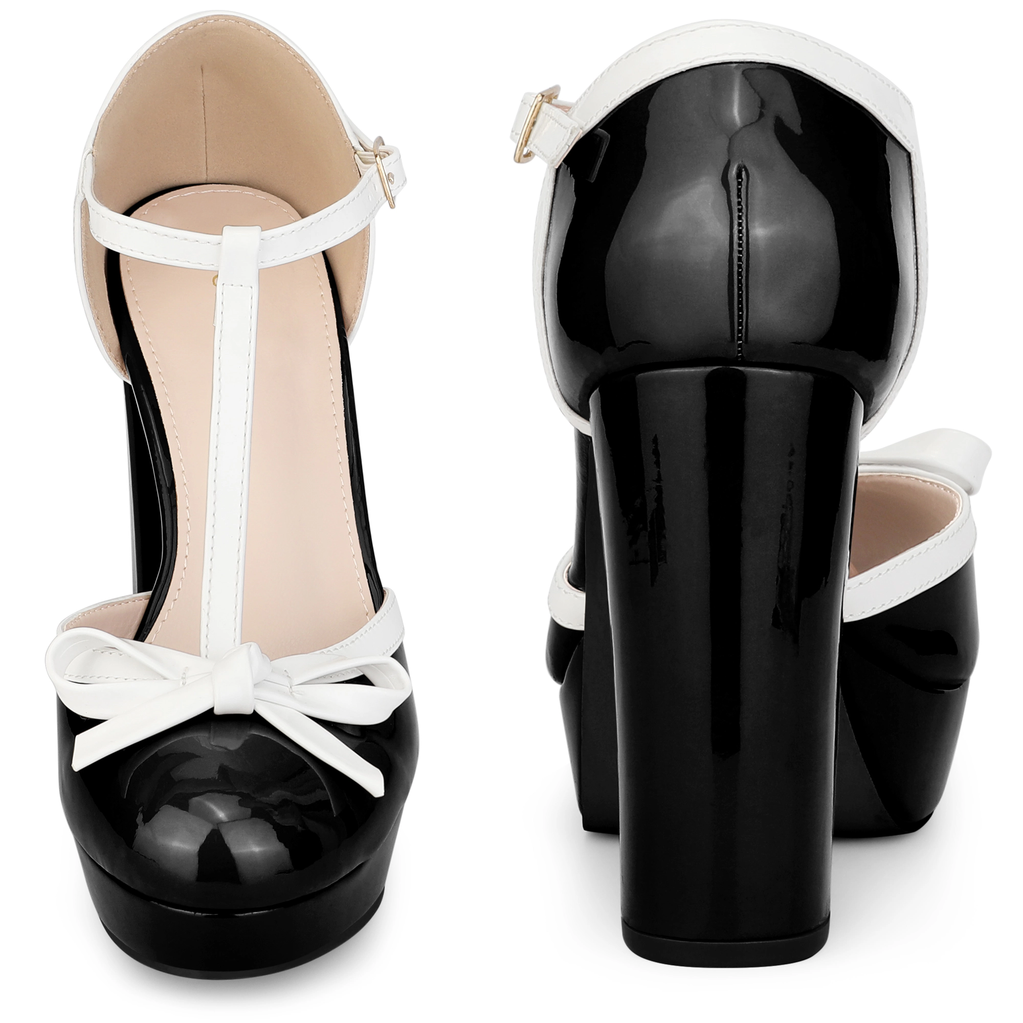 BLISSFUL STEP Women Patent Leather Bow T-Strap Platform Chunky Heels Pumps