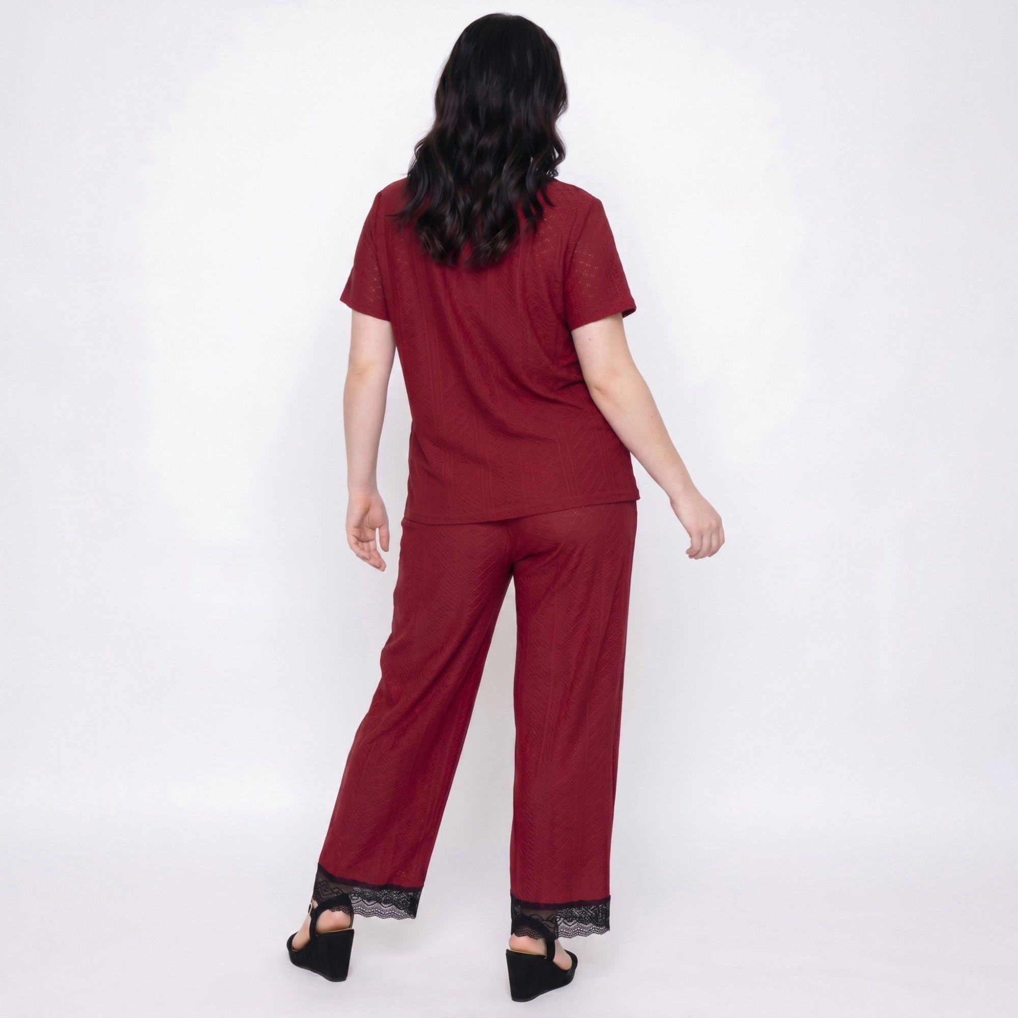 Anna-Kaci Women's Plus 2-Piece Pointelle Button Front Short Sleeve Pajama Top and Pants Set with Lace Trim