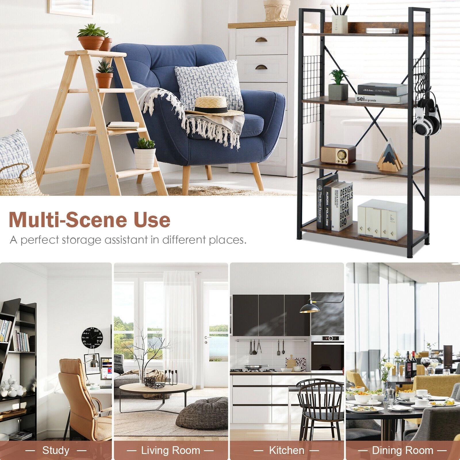 SlickBlue 4-Tier Industrial Bookcase, Adjustable Wooden Shelves