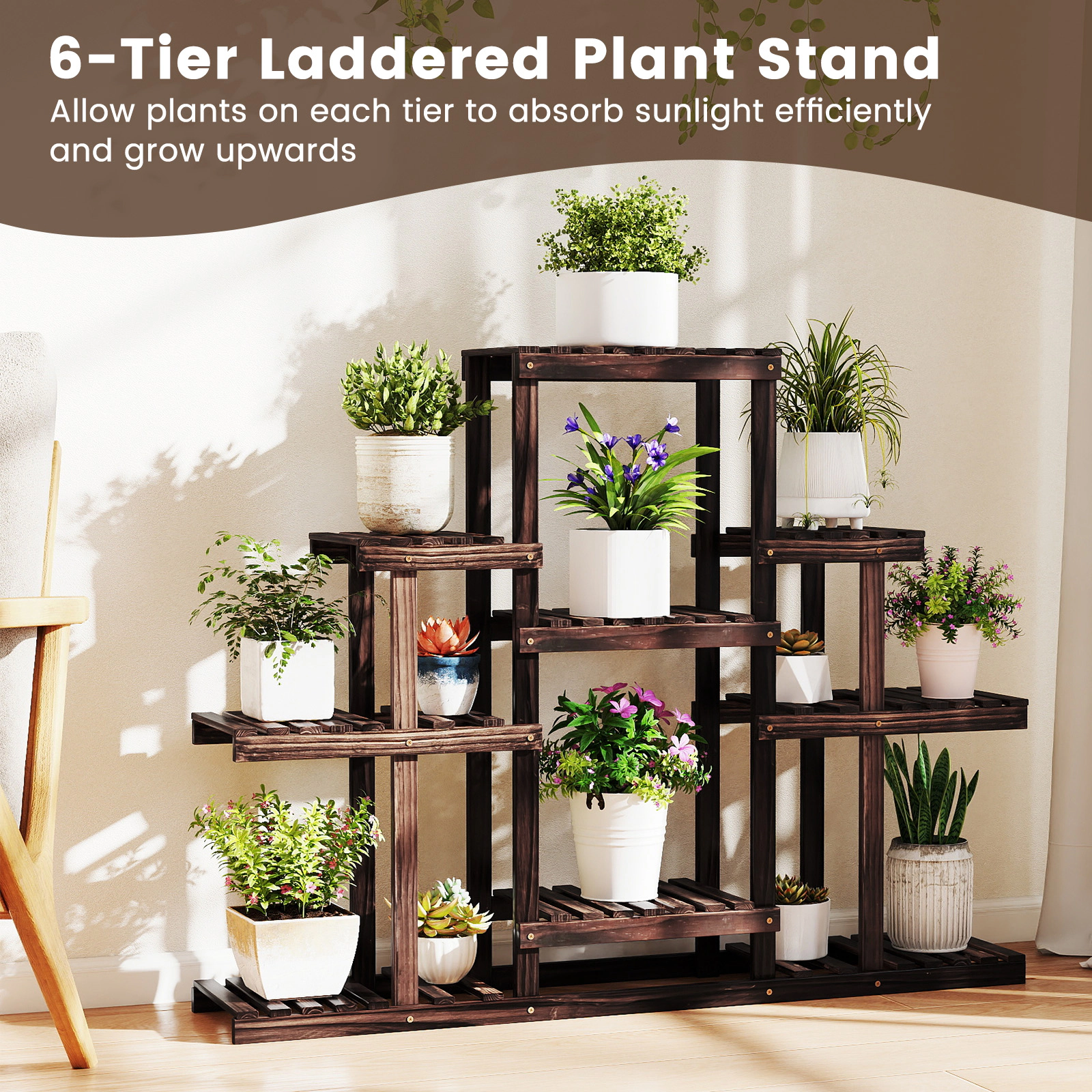 Slickblue 6 Tier Ladder Plant Stand Pine Wood Flower Rack Multi Shelf Indoor Balcony Garden