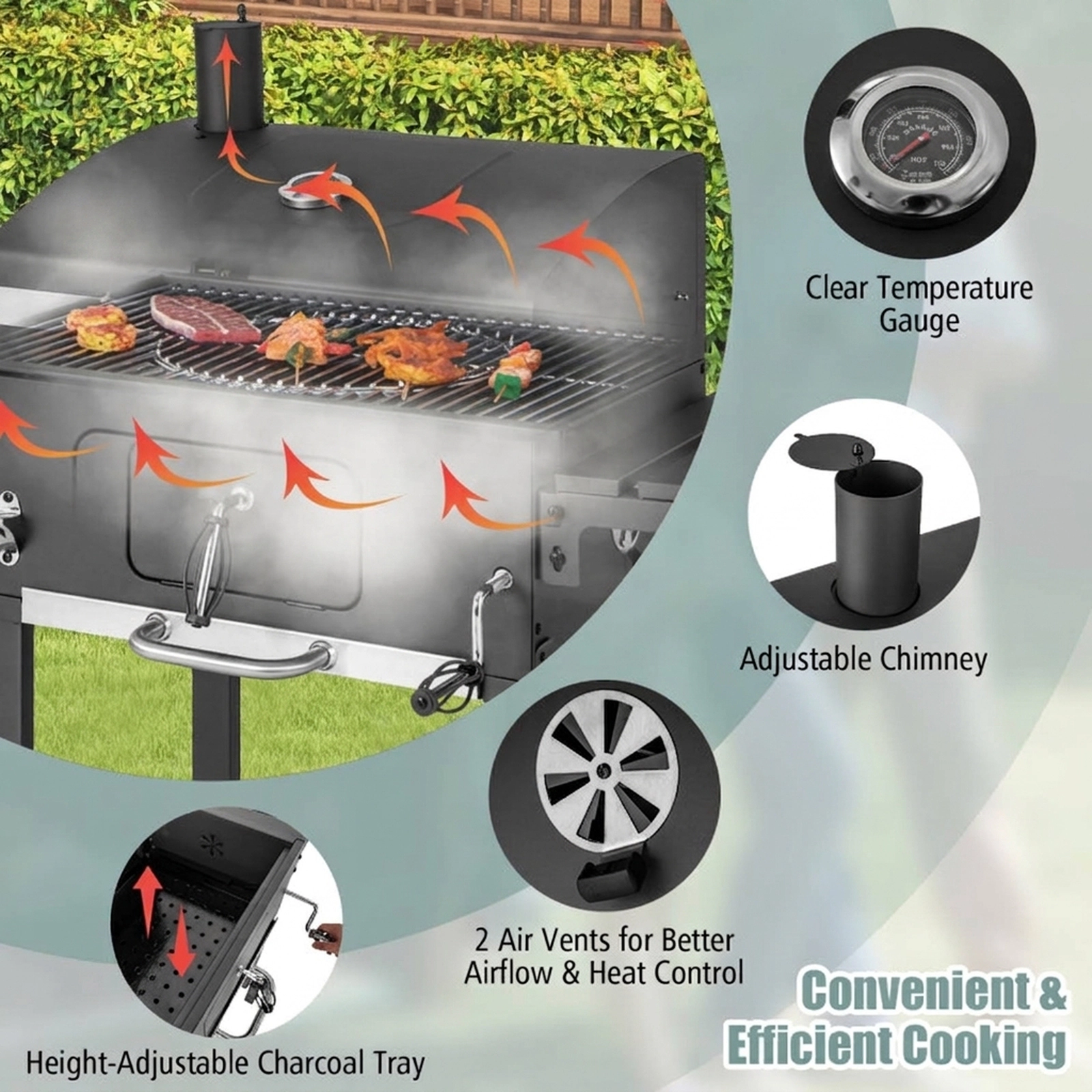 SUGIFT Black Outdoor Charcoal Grill with 2 Foldable Side Tables and Wheels 50.5-in W 21-in D 46-in H