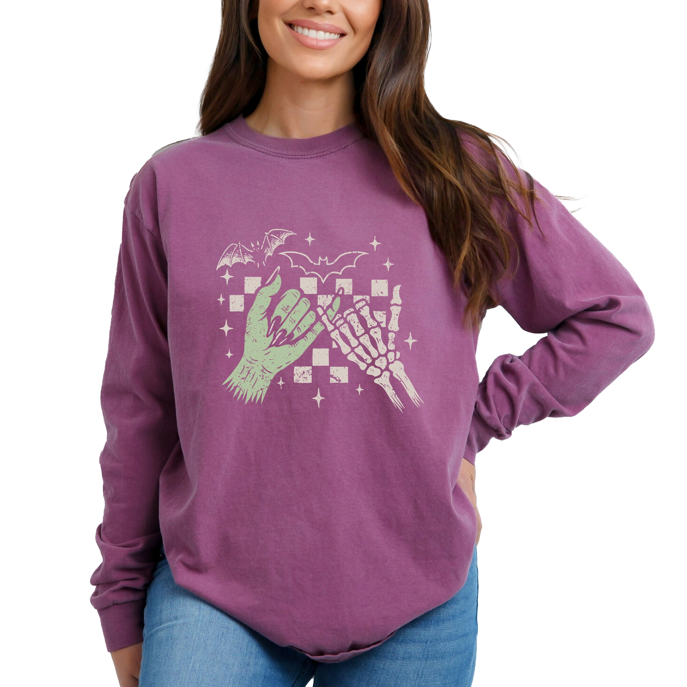 Simply Sage Market - Women's Garment Dyed Long Sleeve Graphic T-Shirt Pinky Promise Skeleton