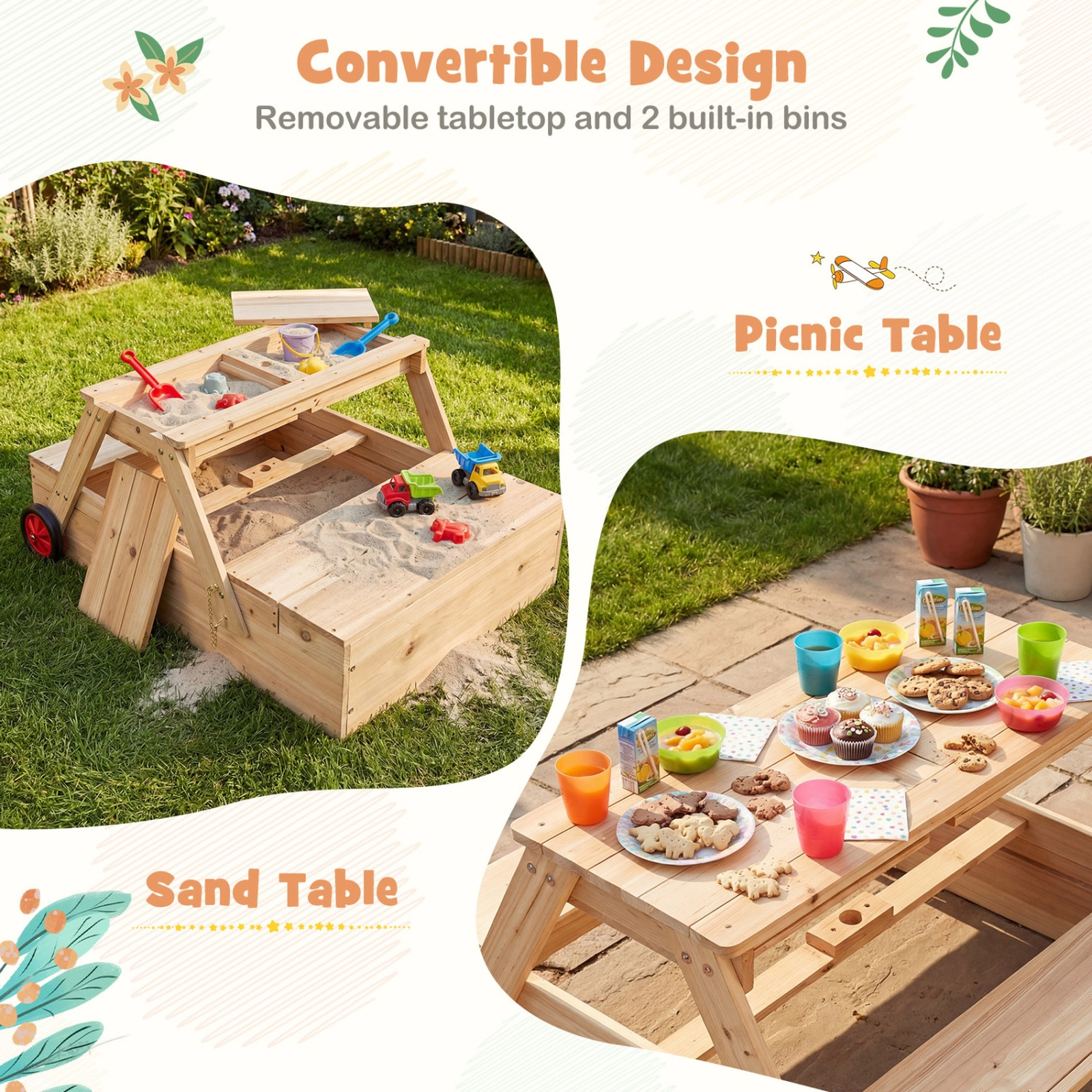 SUGIFT Blue Foldable Umbrella and Picnic Table 2-in-1 Kids Wooden Sandbox