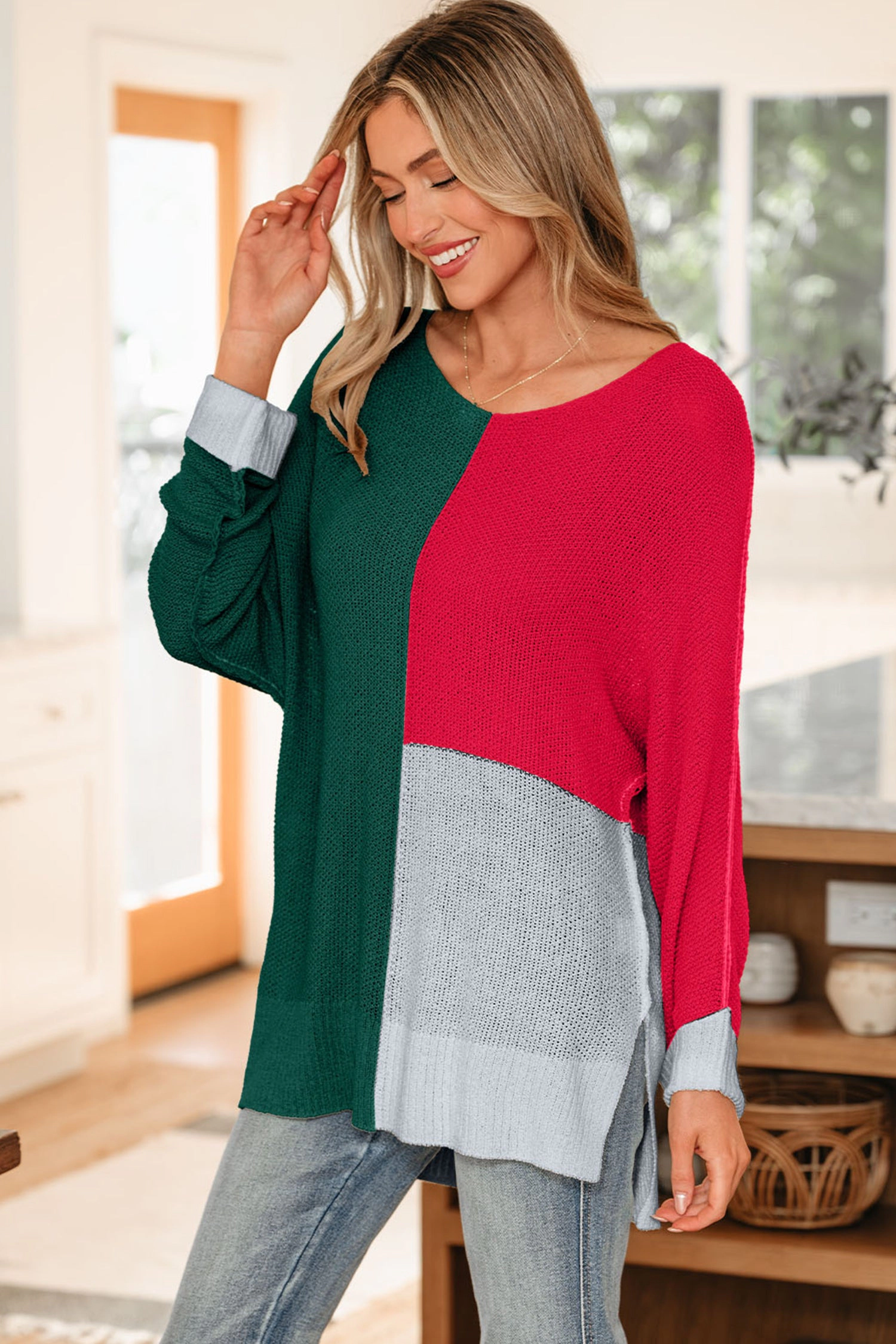 Threaded Pear Women's Demi Block Knit Loose Sweater