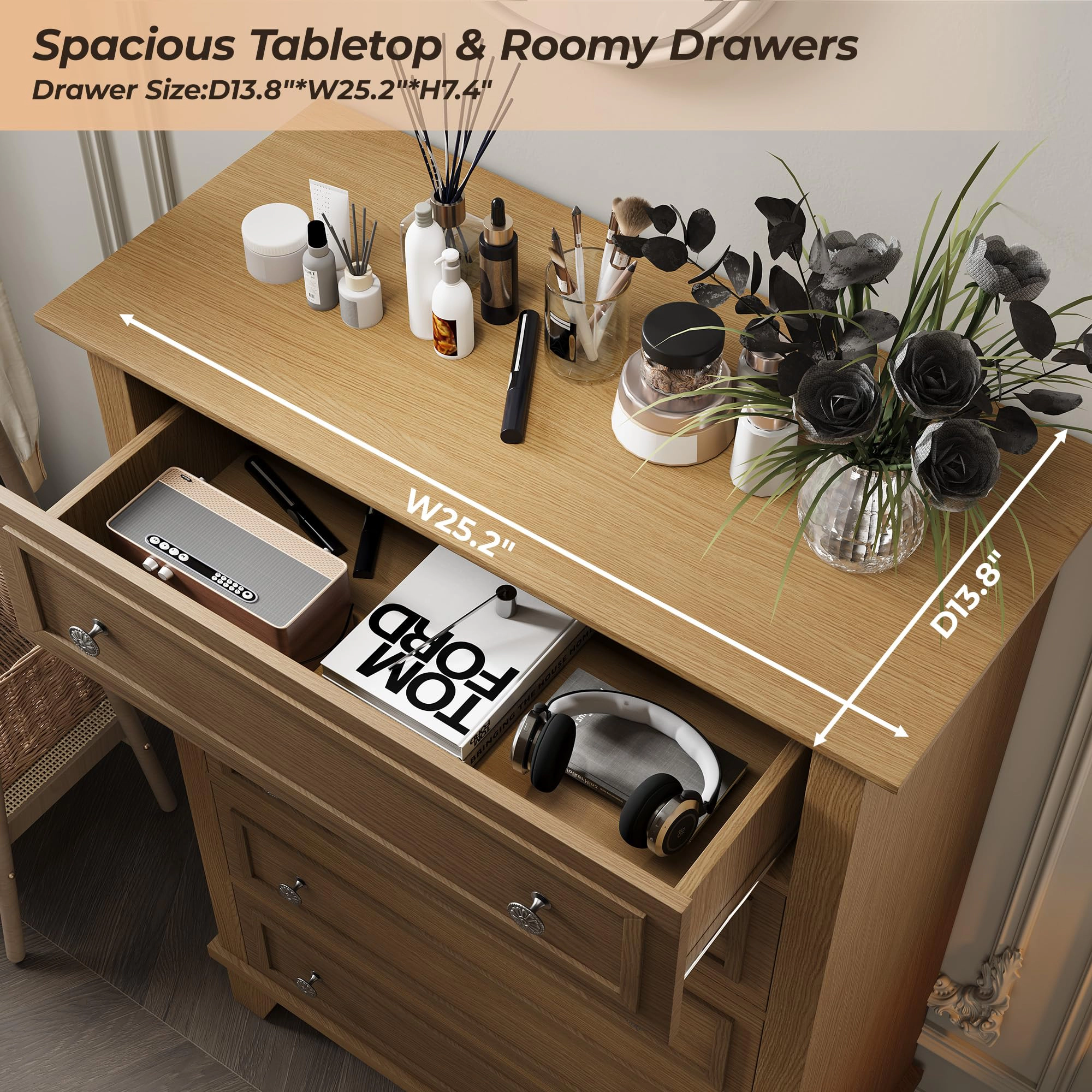 5 Drawer Modern Wood Dresser with Metal Handles, 48" Tall Storage Chest for Bedroom Entryway Hallway