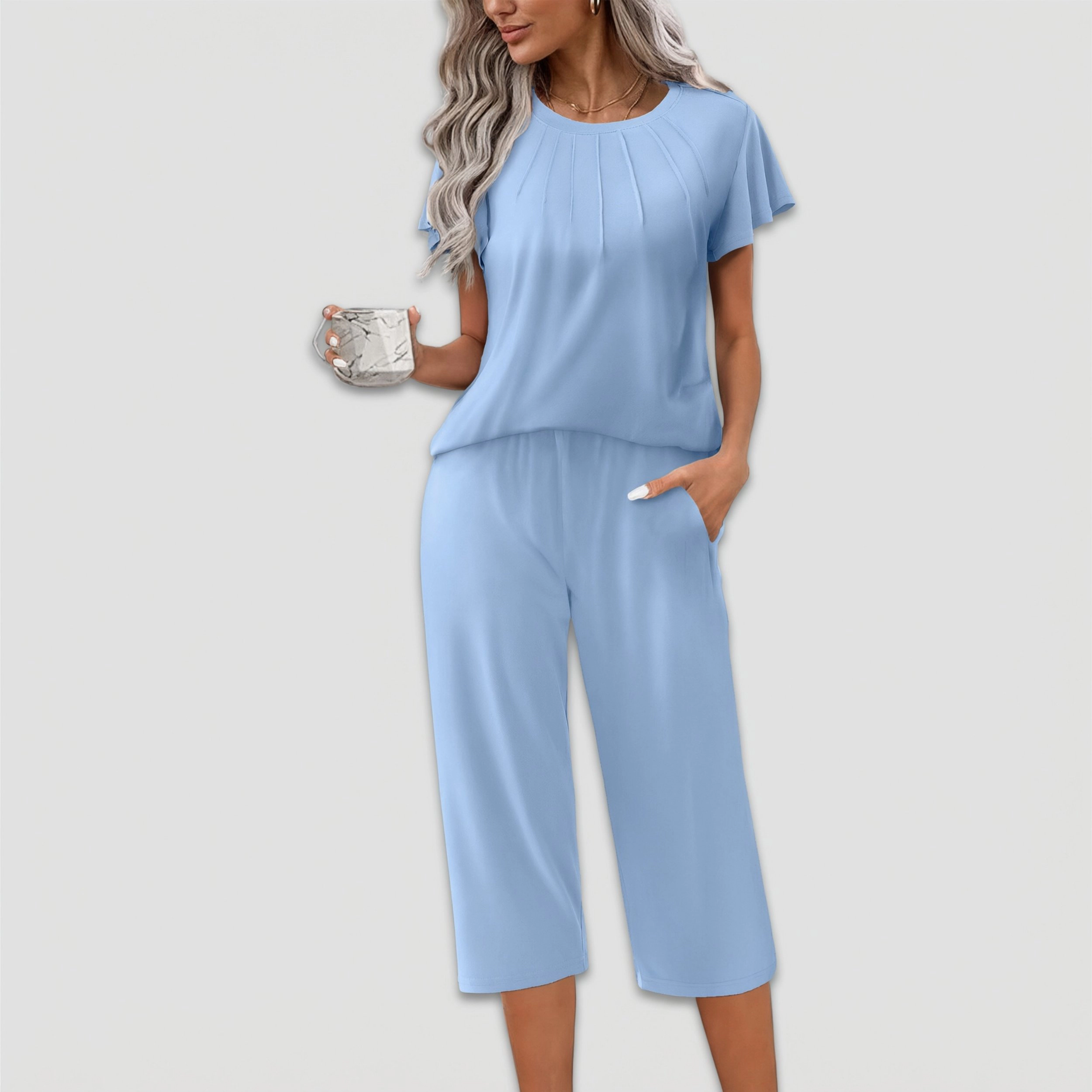 Ekouaer Women's Pleated Crew Neck Short Sleeve Top & Capri Pants Set