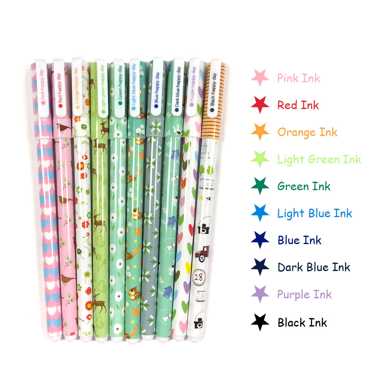 Wrapables Cute Novelty Gel Ink Pens, 0.5mm Fine Point, Animals and Hearts Multicolor Ink, Set of 10