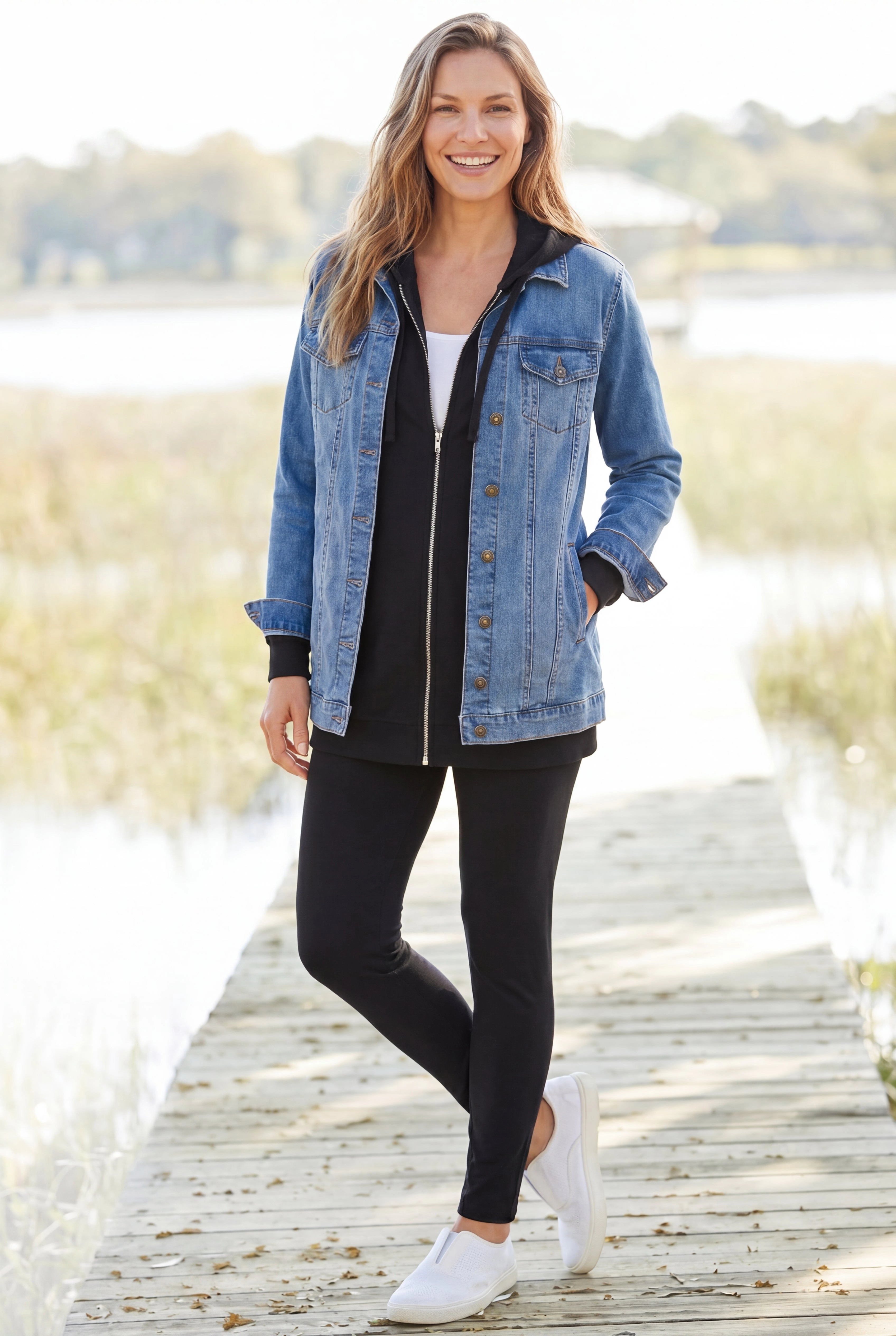 Woman Within Plus Long Stretch Denim Jean Jacket
