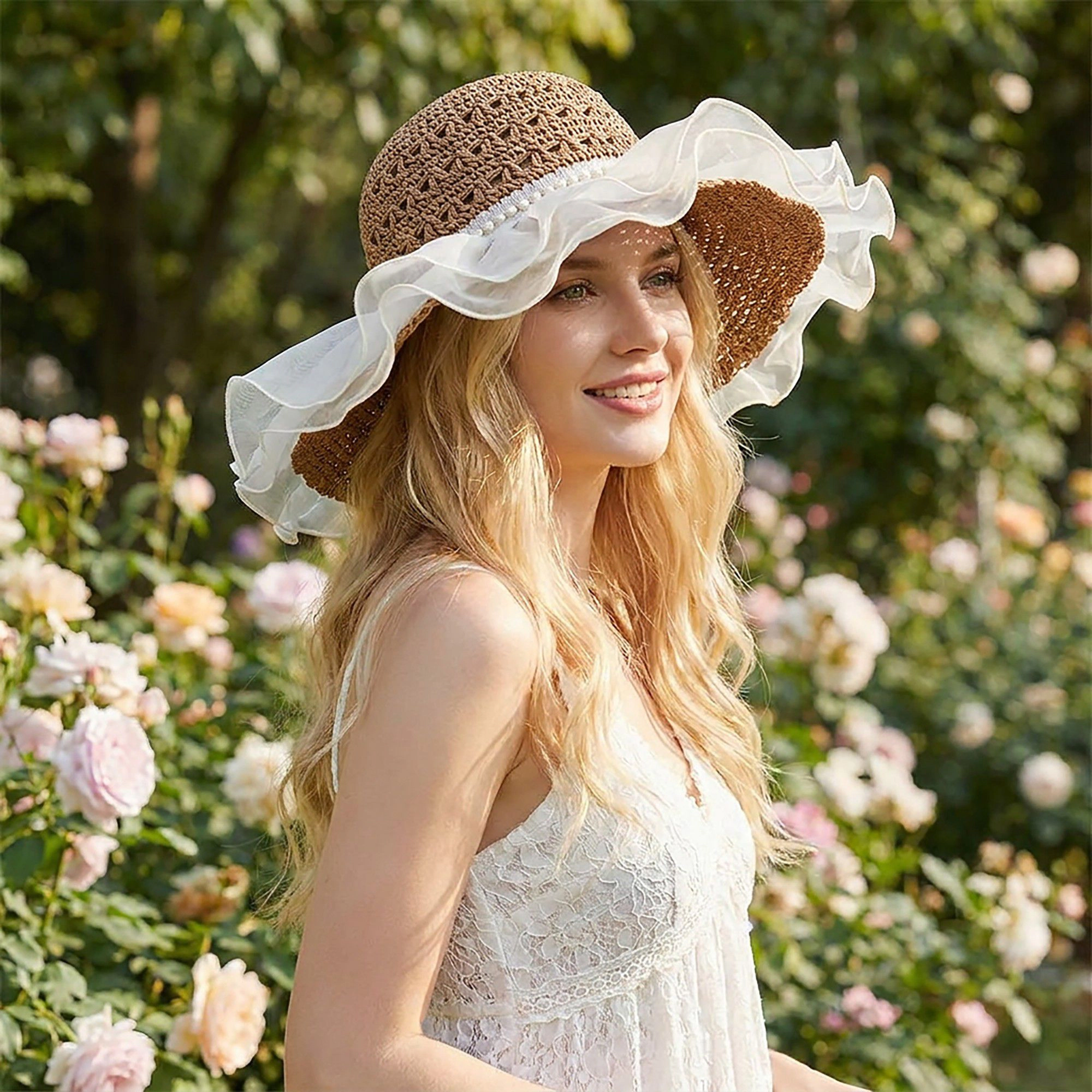 Anna-Kaci Women's Crochet Sun Hat with Sheer Ruffle Wide Brim and Pearl Trim Detail
