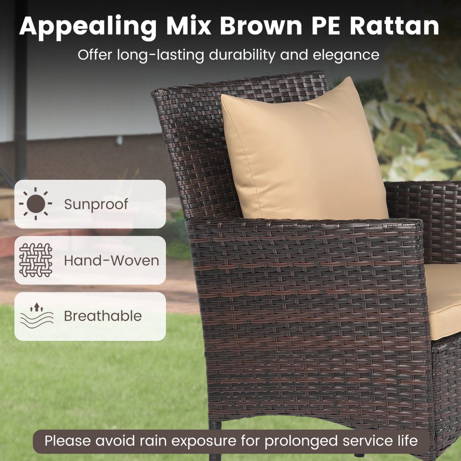 SUGIFT 3-Piece PE Rattan Patio Conversation Set with Cushioned Chairs & Tempered Glass Table 400-lb Chair Capacity Brown