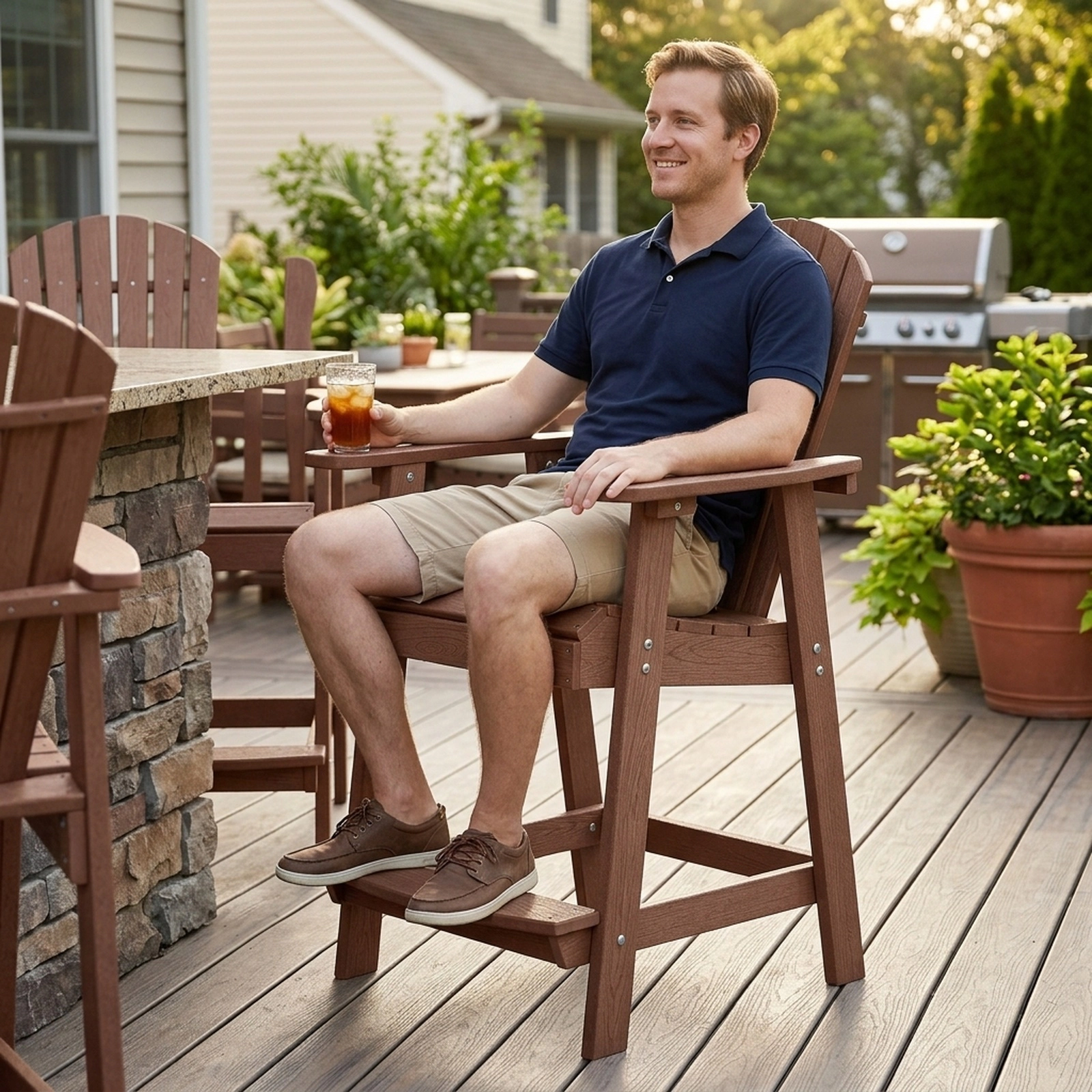 SUGIFT Counter-Height Bar Stool, HDPE Indoor-Outdoor Chair with Arms, Footrest and Backrest, Coffee