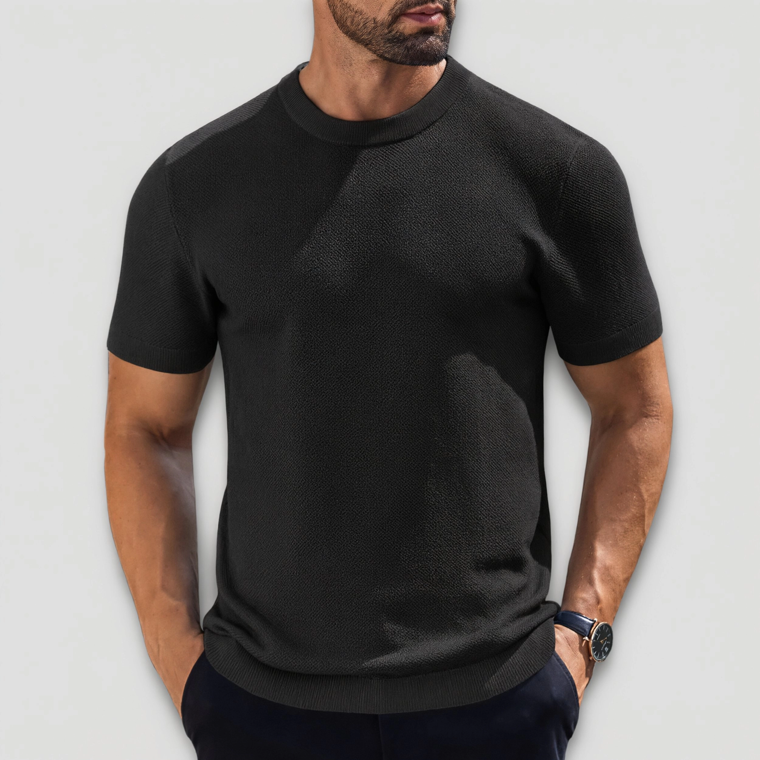 COOFANDY Mens Short Sleeve Knit T-Shirt Fall Crew Neck Ribbed Trim Casual Slim Tee