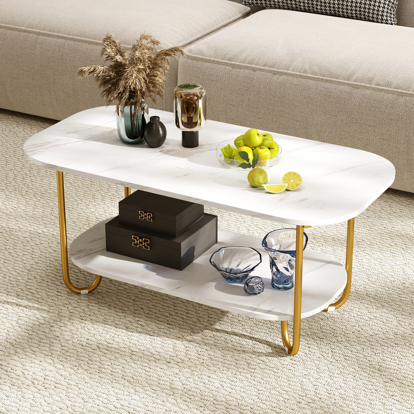SUGIFT Modern 2-Tier Faux Marble Top Coffee Table 42-in Wide 110-lb Tabletop Capacity 66-lb Shelf Capacity White