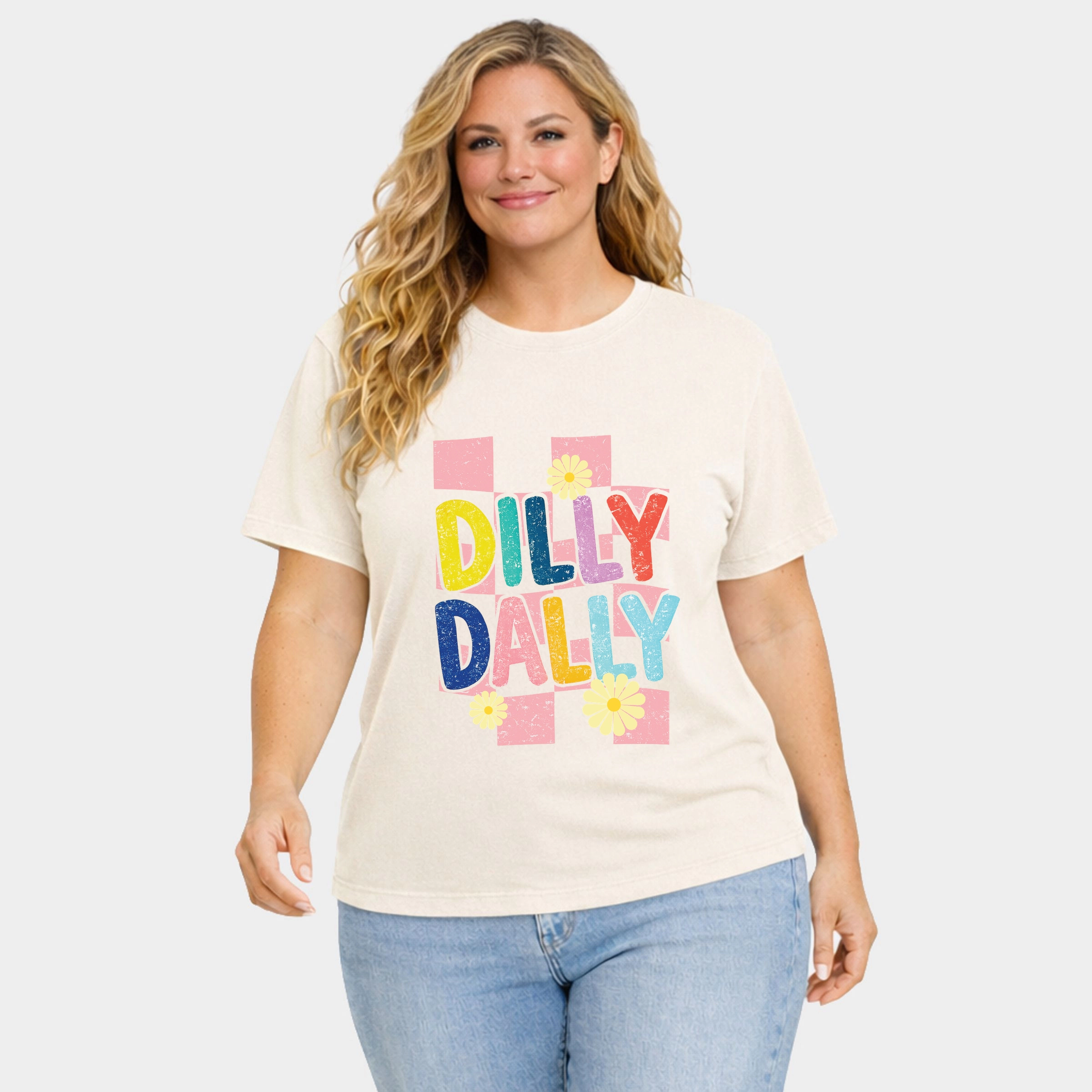 Simply Sage Market - Dilly Dally Checkered Women's Plus Sized Garment Dyed Graphic T-Shirt