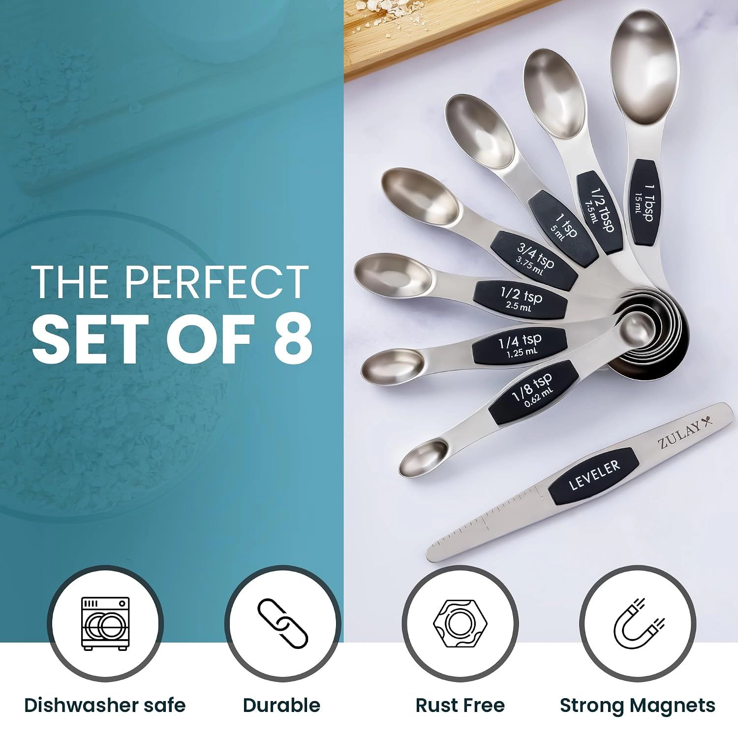 Zulay Kitchen Stackable Magnetic Measuring Spoon with Leveler (Set of 8)