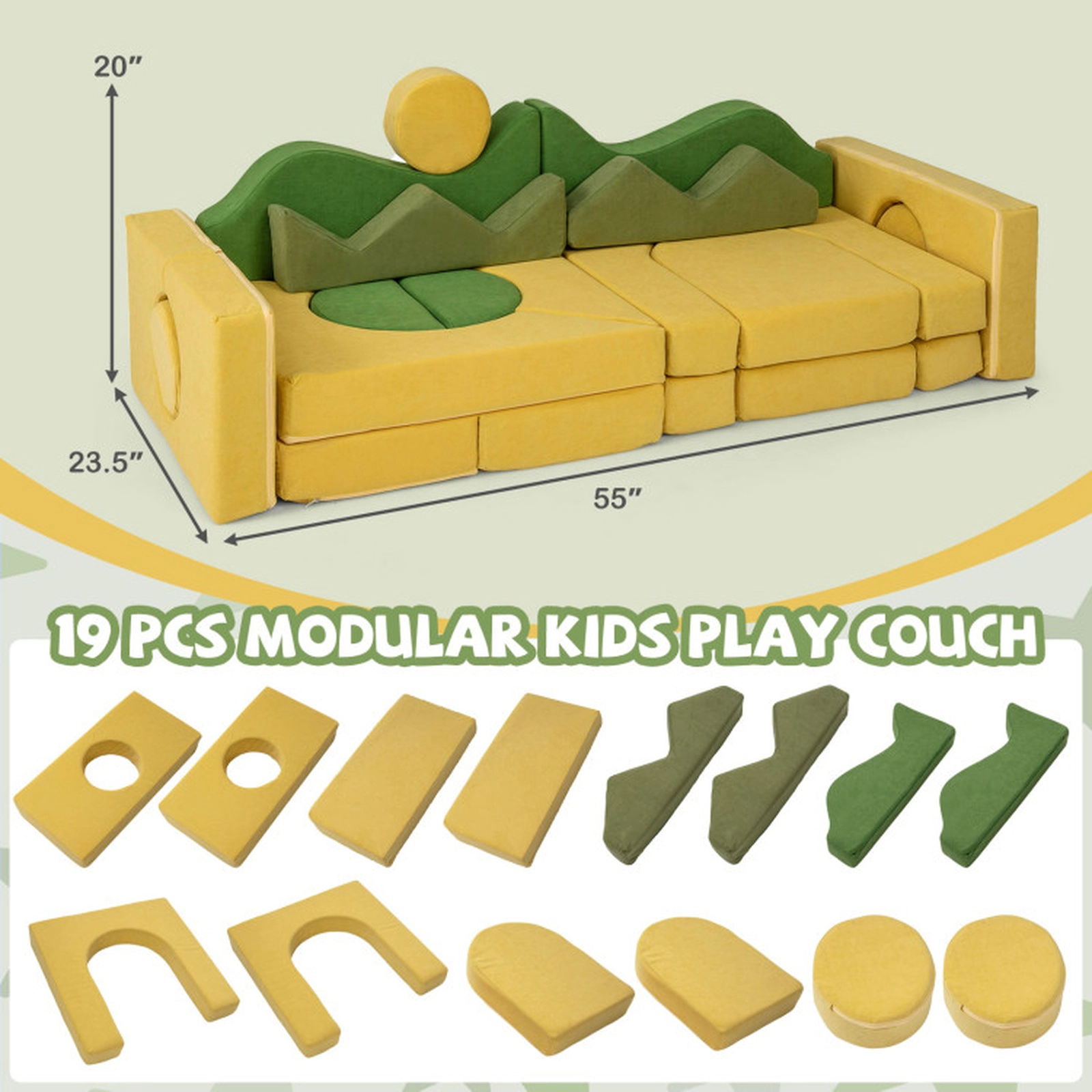 SUGIFT Removable Washable Velvet Covers 19-Piece Modular Kids Play Couch